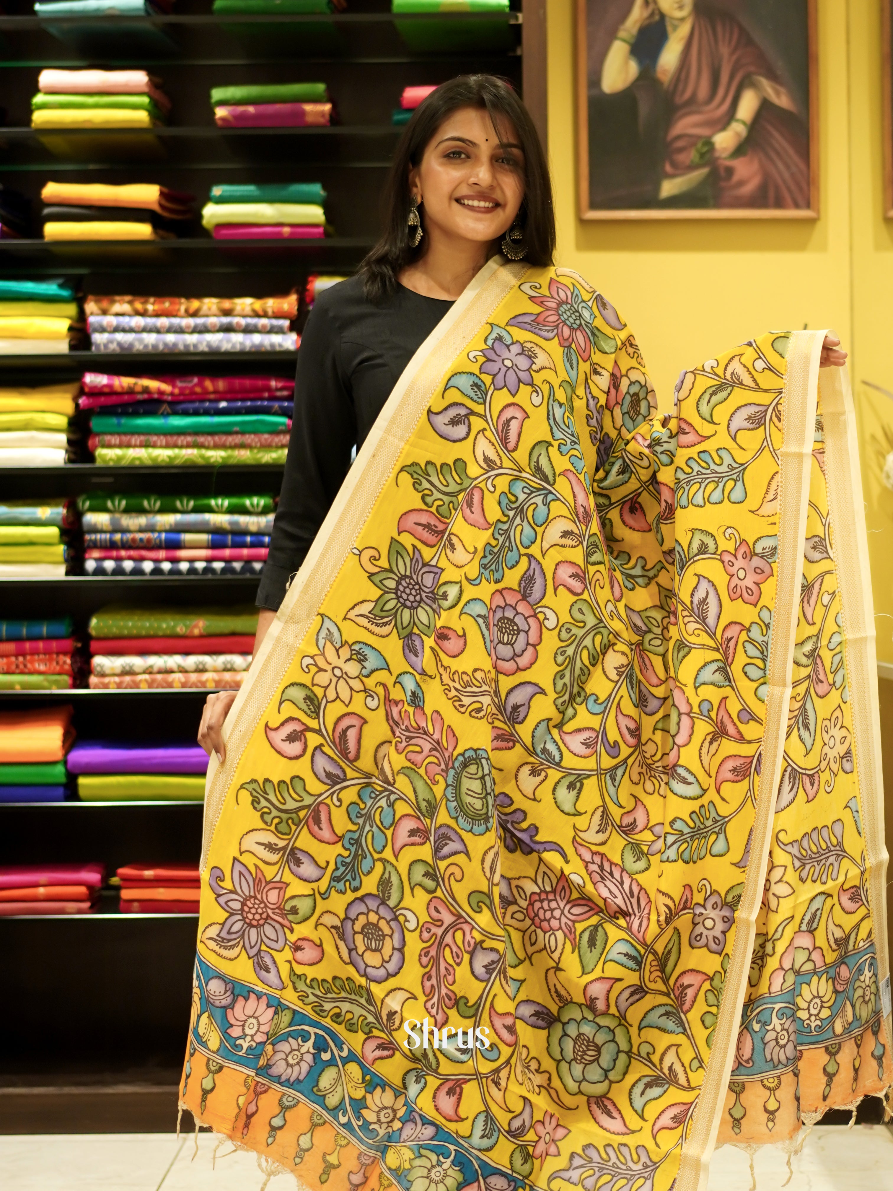 Yellow & Cream - Pen Kalamkari Dupatta - Shop on ShrusEternity.com