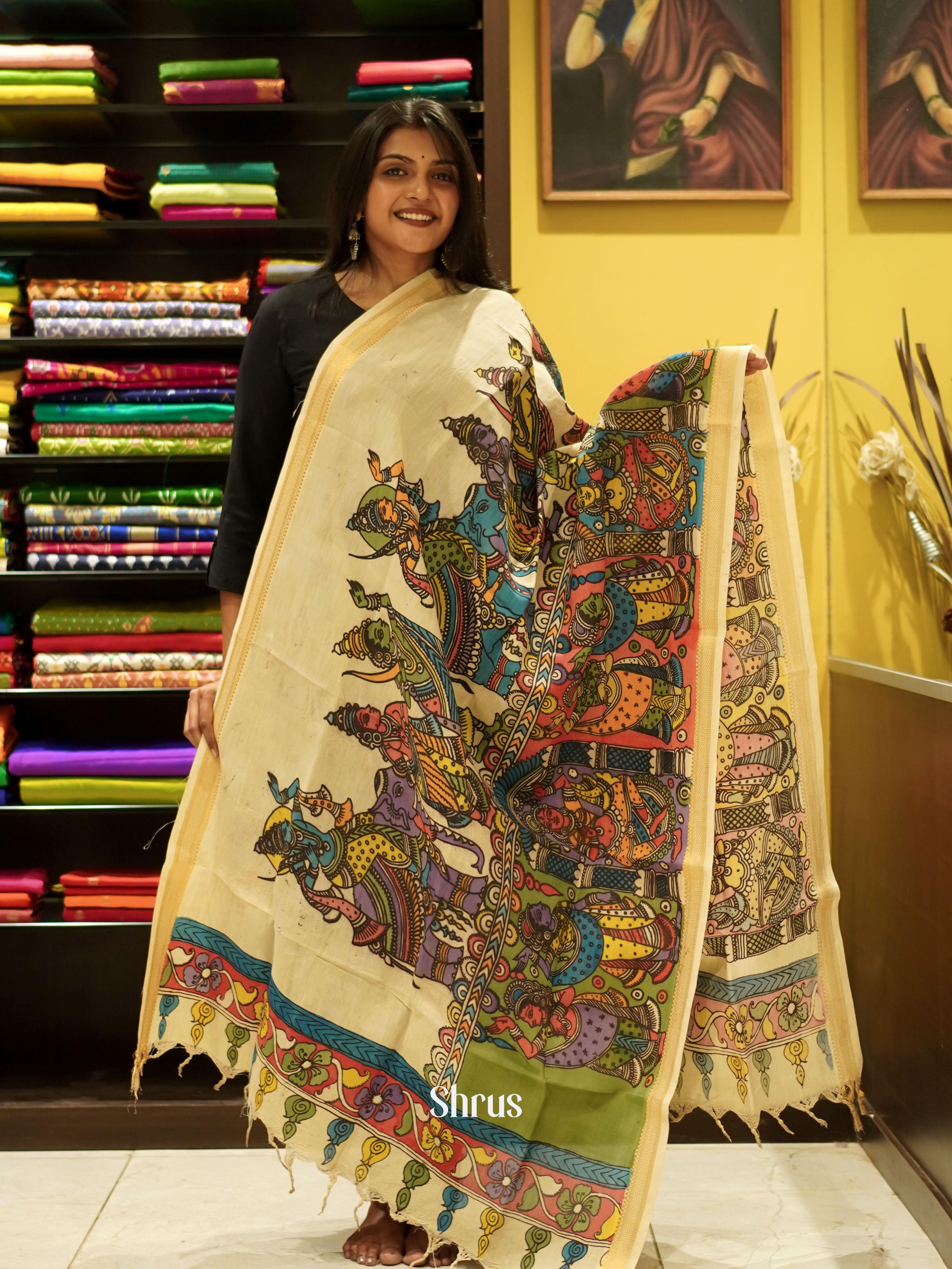 Cream - Pen Kalamkari Dupatta - Shop on ShrusEternity.com