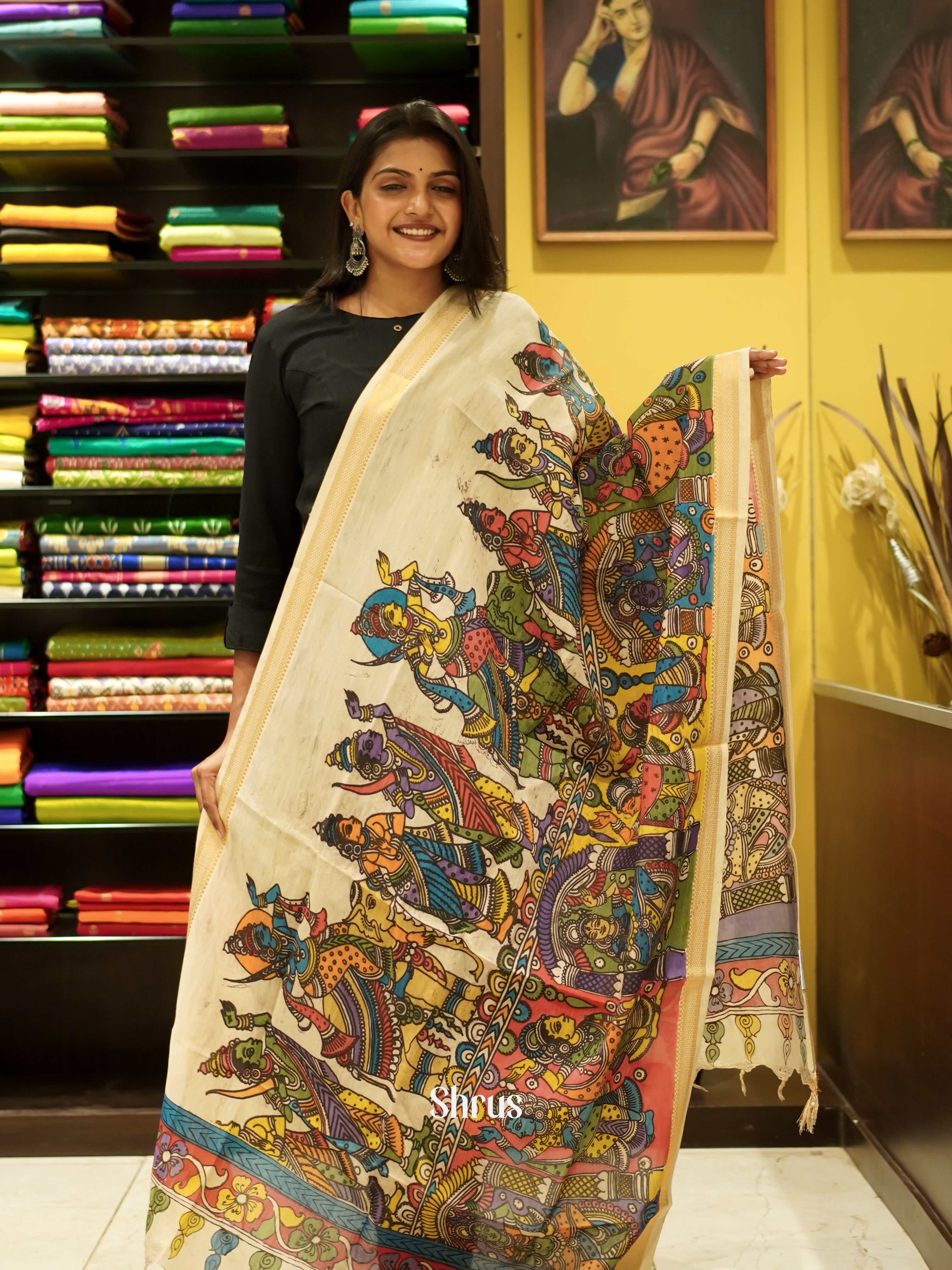 Cream - Pen Kalamkari Dupatta - Shop on ShrusEternity.com