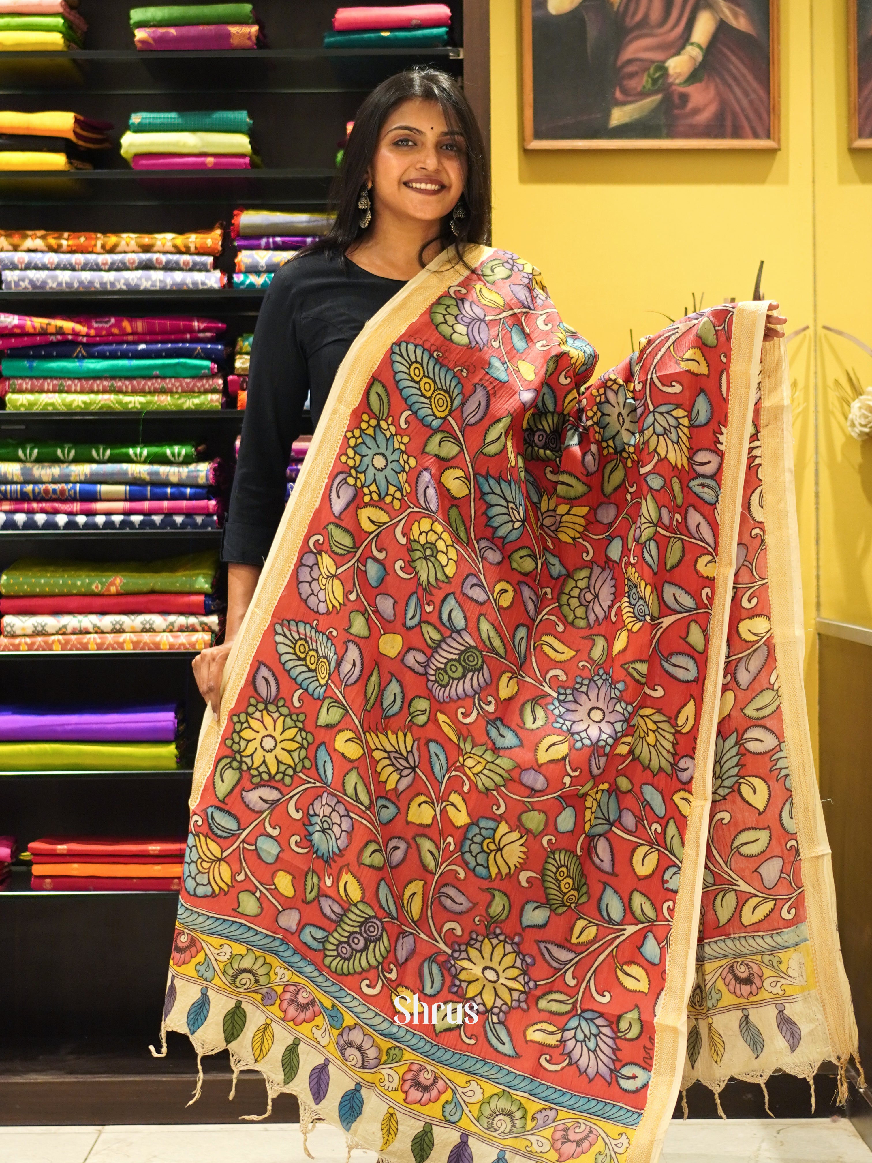 Red & Cream- Pen kalamkari Dupatta - Shop on ShrusEternity.com