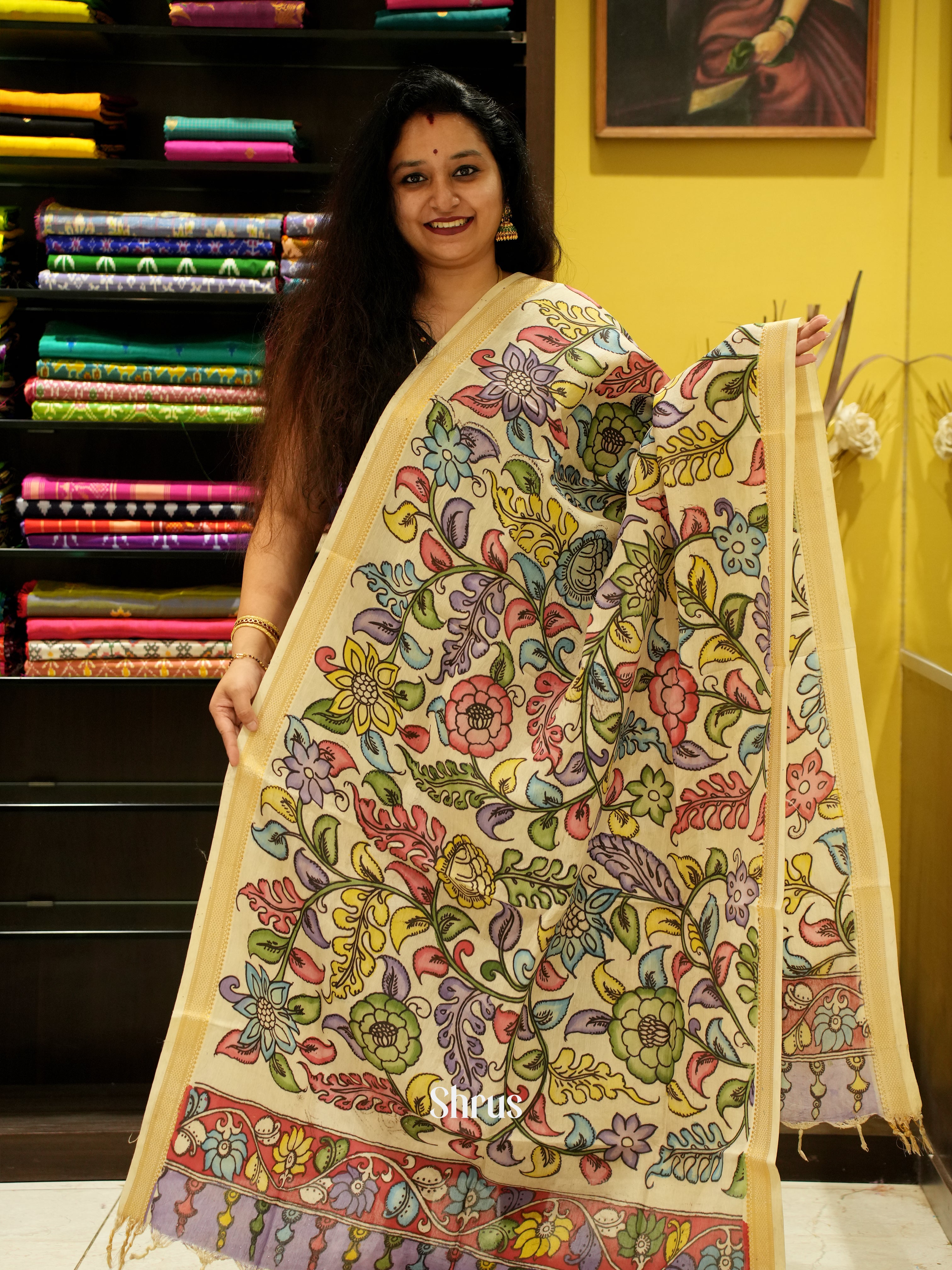 Cream - Pen kalamkari Dupatta - Shop on ShrusEternity.com