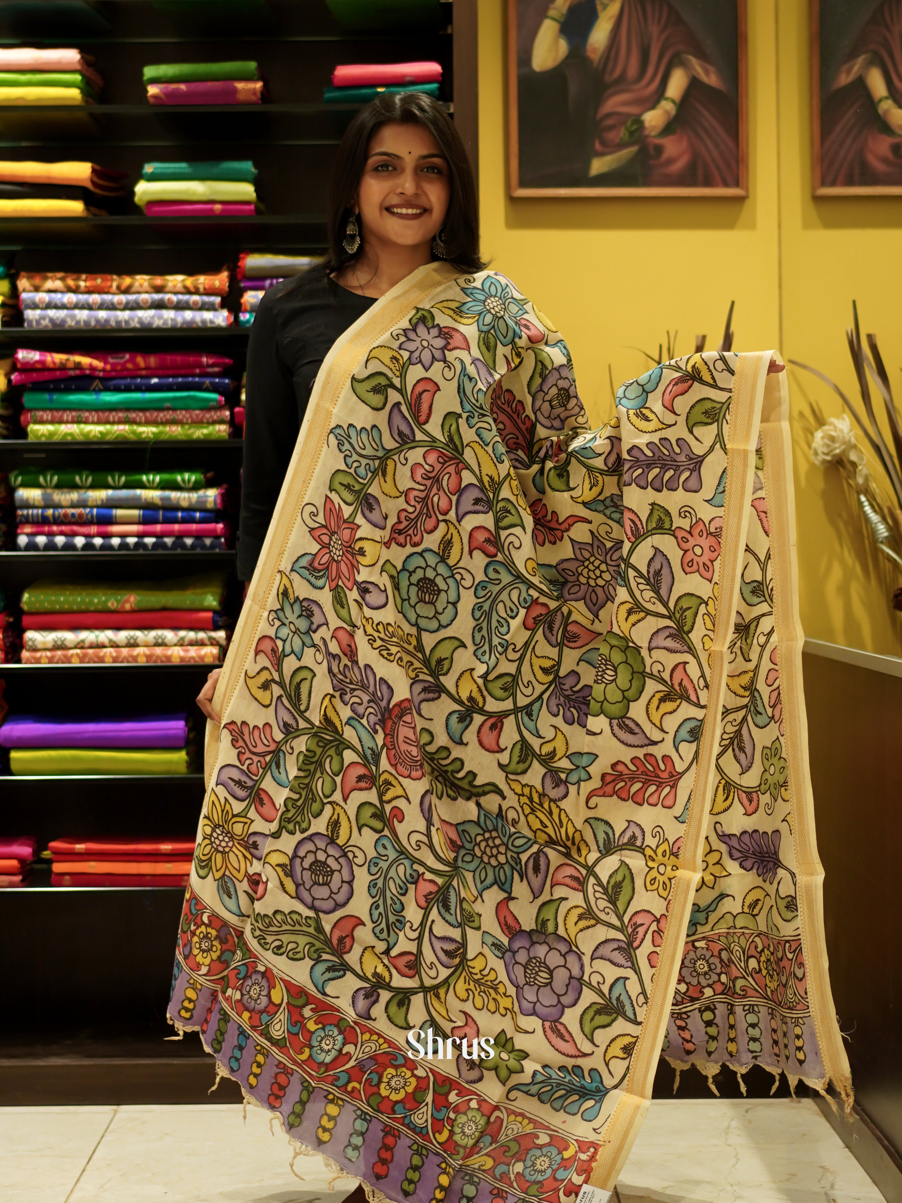 Cream - Pen Kalamkari Dupatta - Shop on ShrusEternity.com