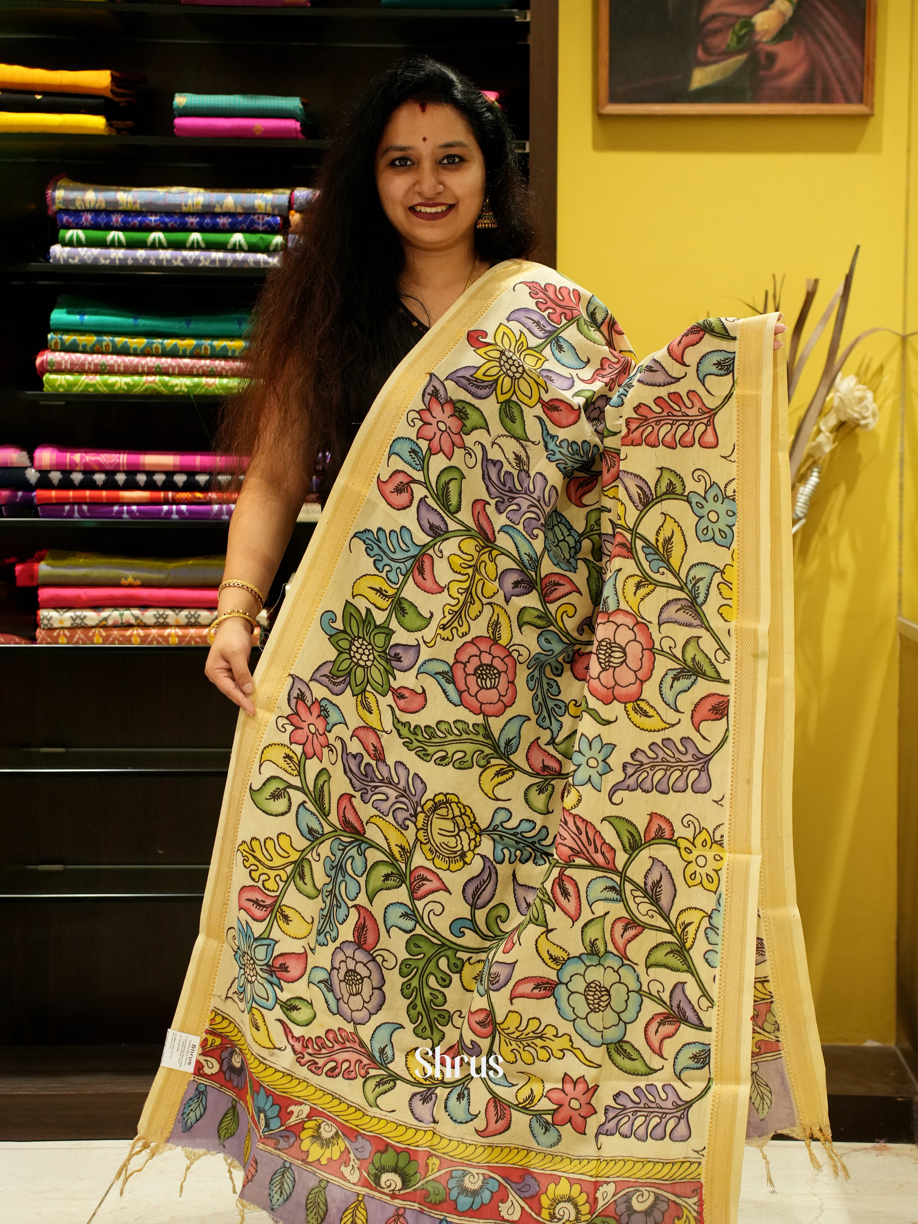 Cream - Pen kalamkari Dupatta - Shop on ShrusEternity.com