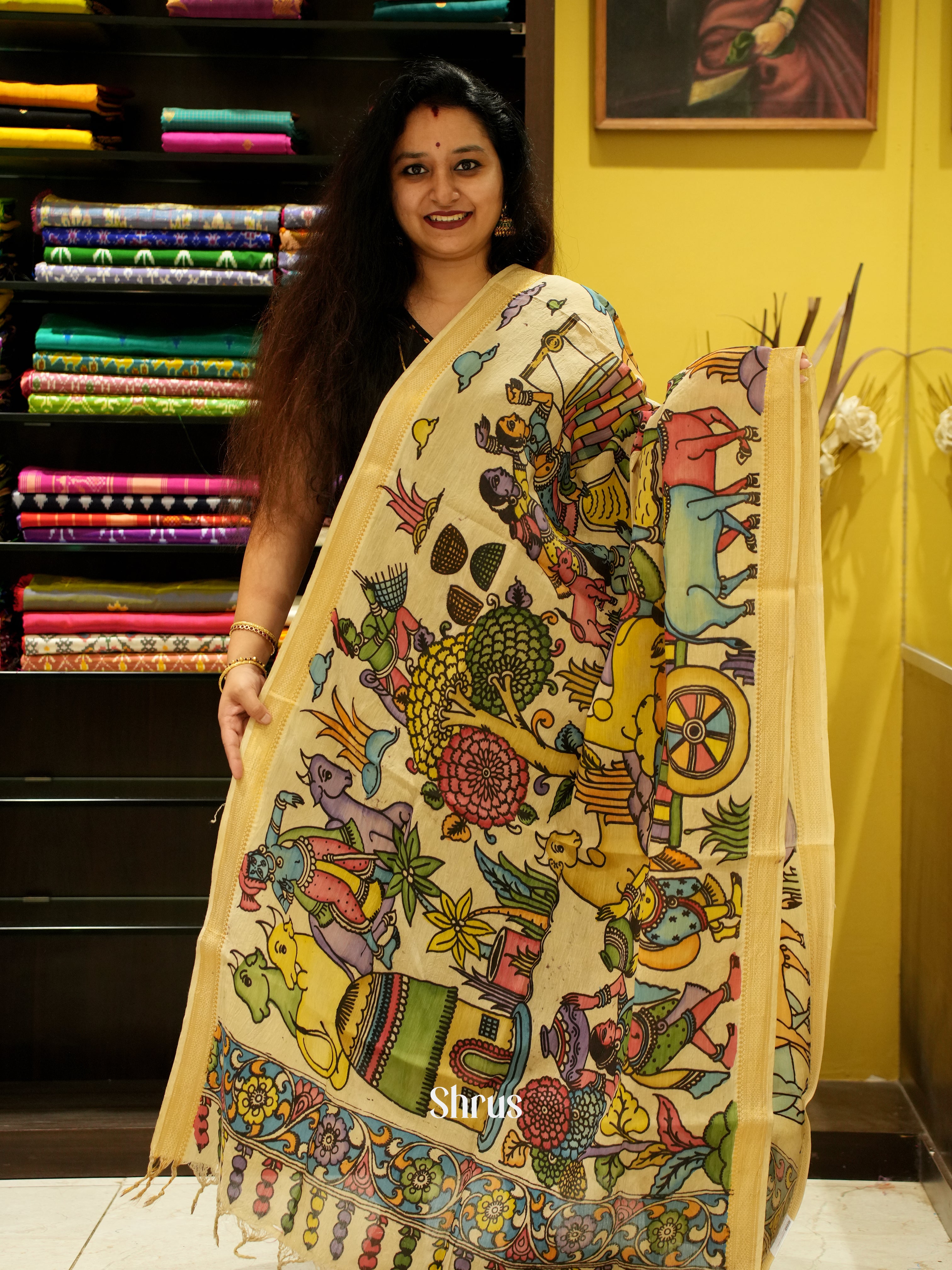 Cream - Pen kalamkari Dupatta - Shop on ShrusEternity.com