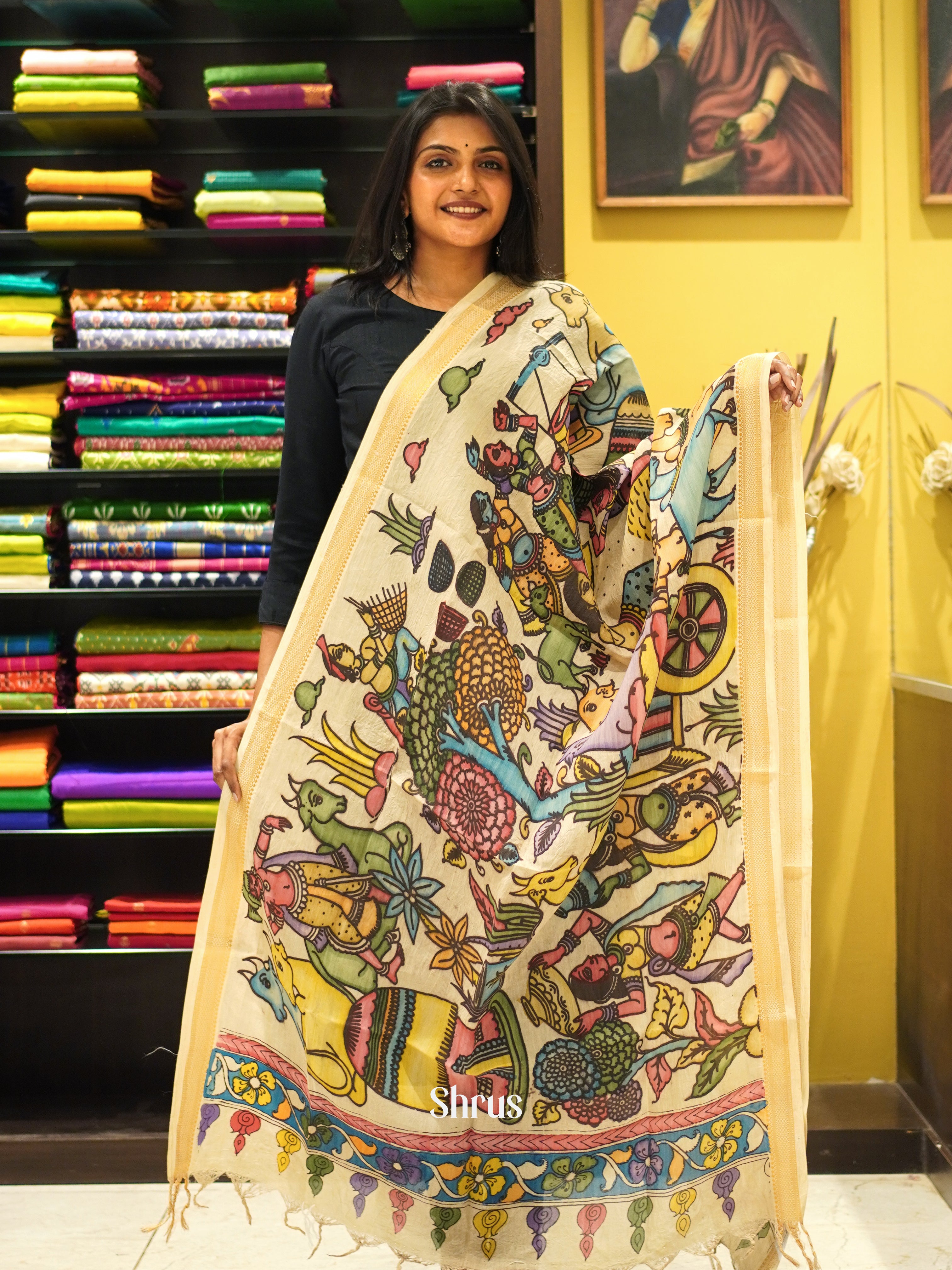 Cream - Pen kalamkari Dupatta - Shop on ShrusEternity.com