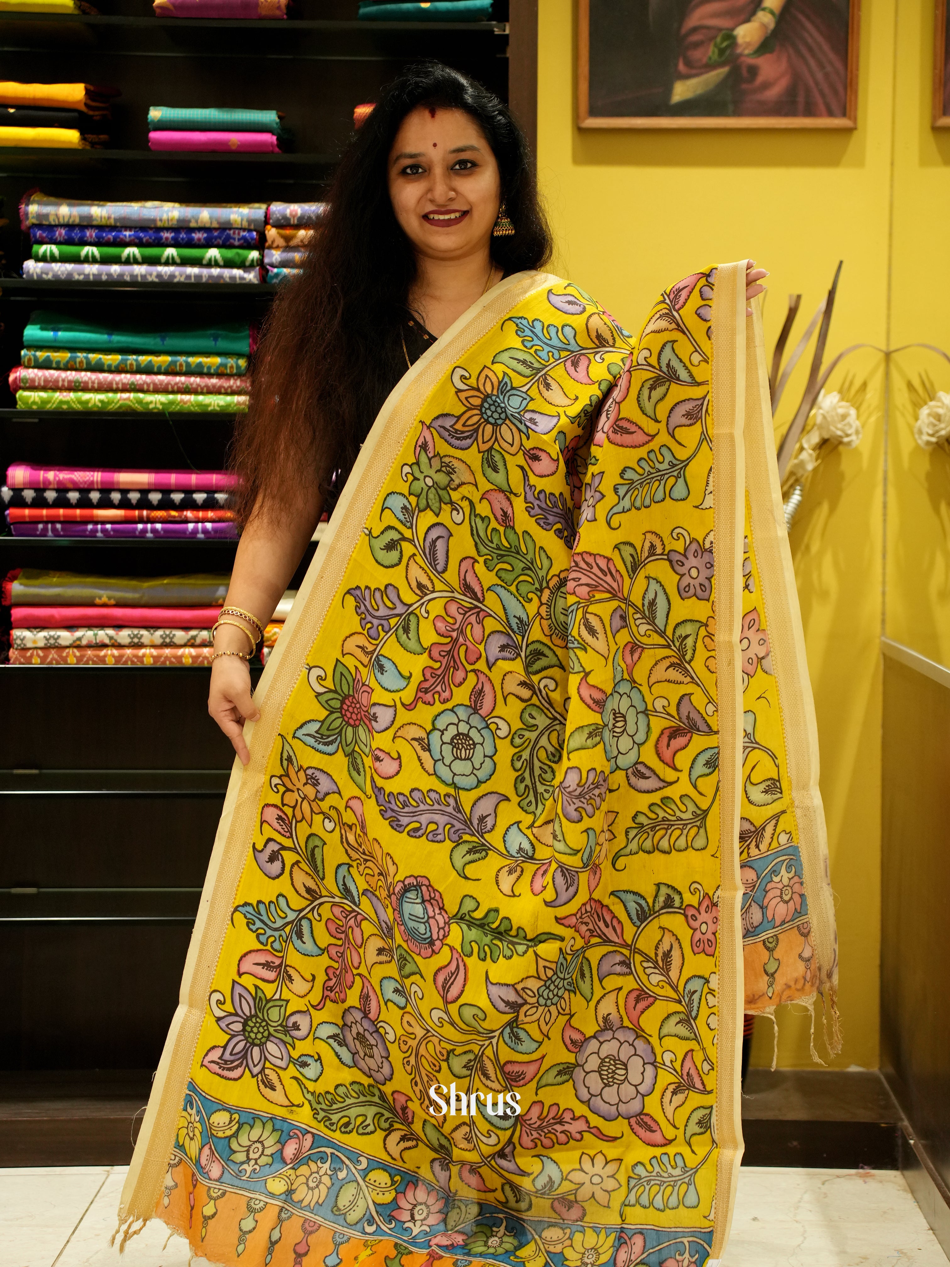 Yellow - Pen kalamkari Dupatta - Shop on ShrusEternity.com