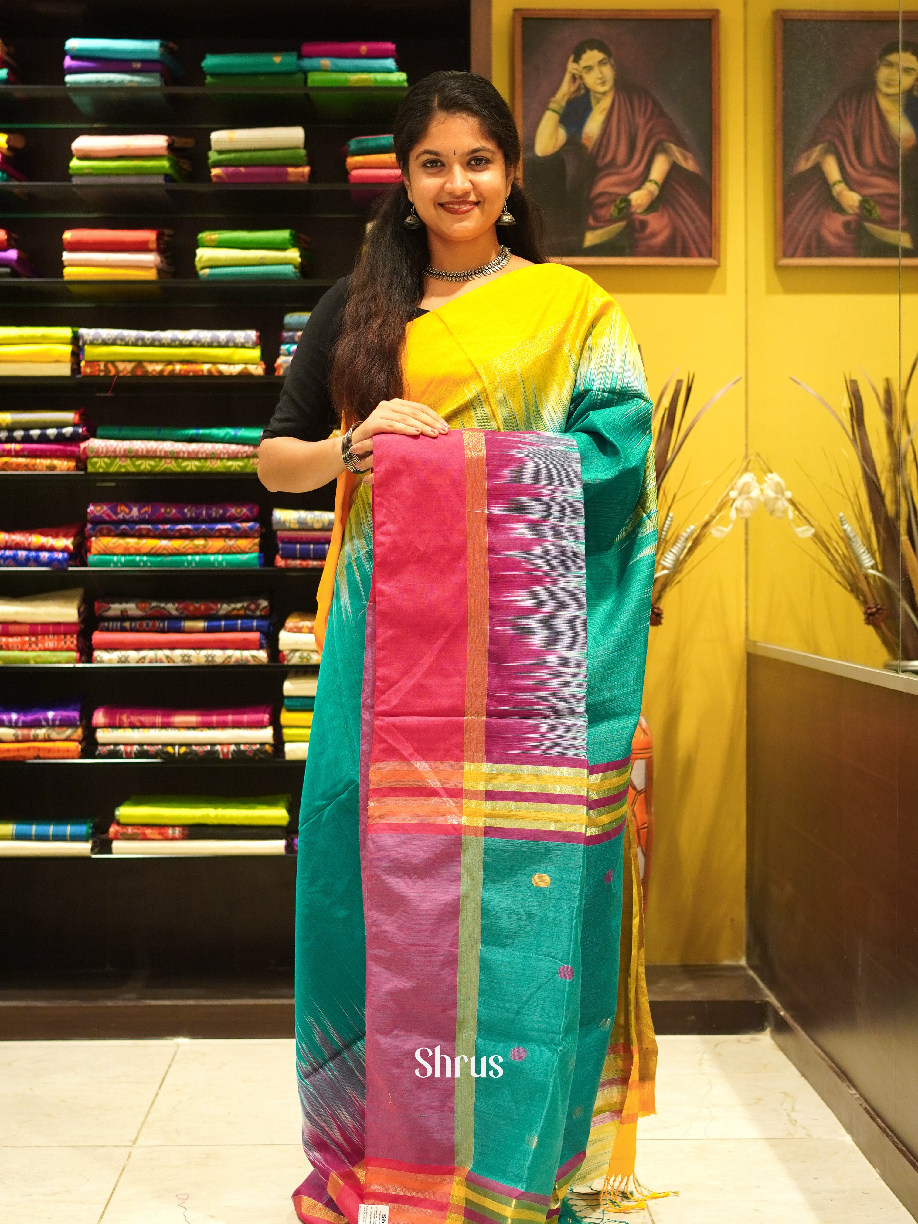 Yellow & Green - Bengal cotton Saree - Shop on ShrusEternity.com