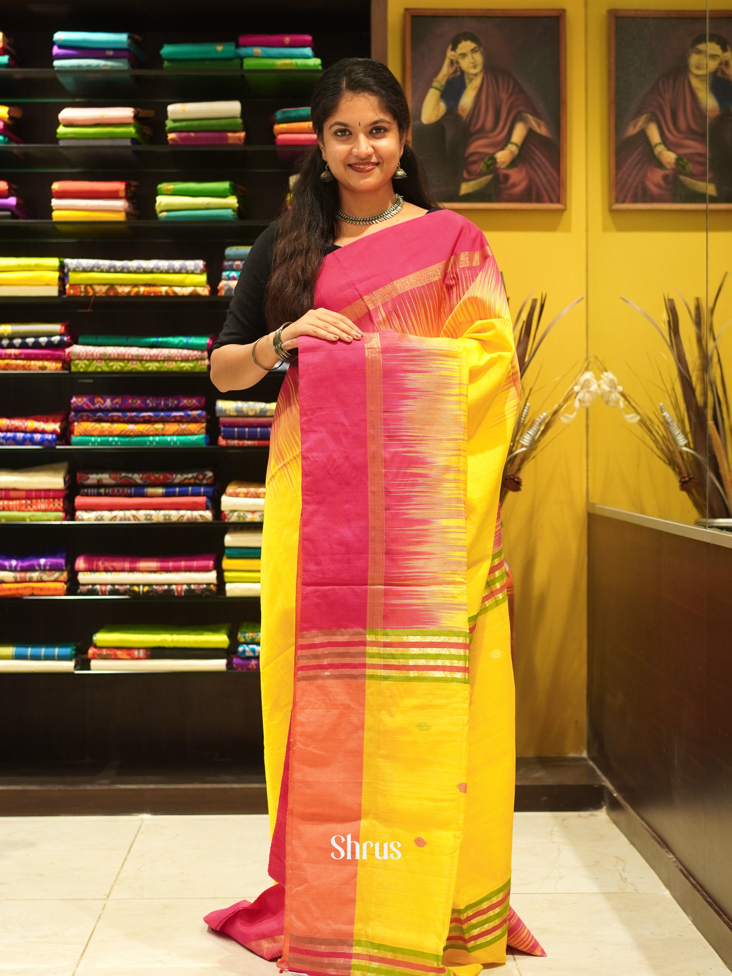 Yellow & Pink - Bengal cotton Saree - Shop on ShrusEternity.com