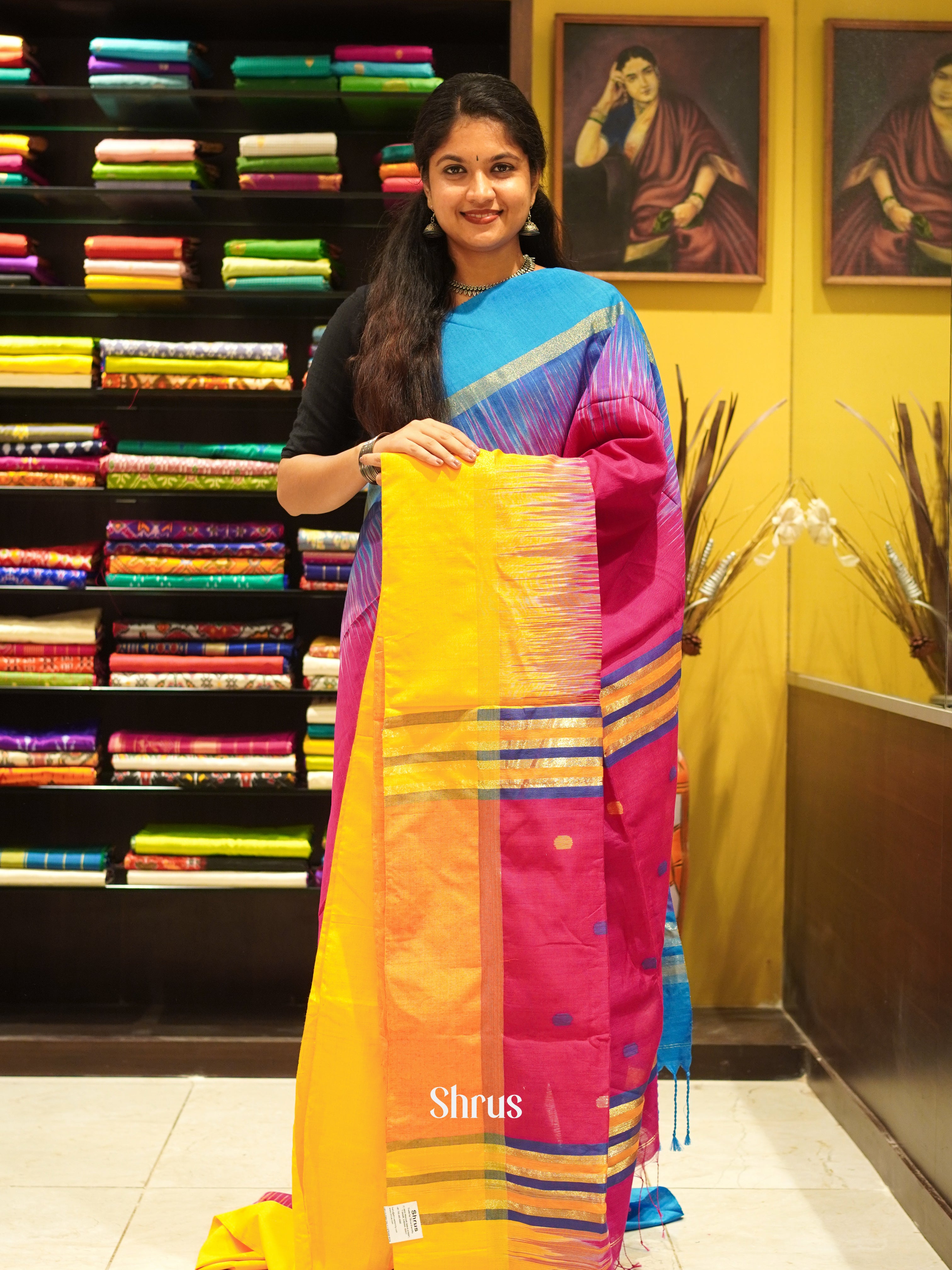 Pink & Yellow - Bengal cotton Saree - Shop on ShrusEternity.com