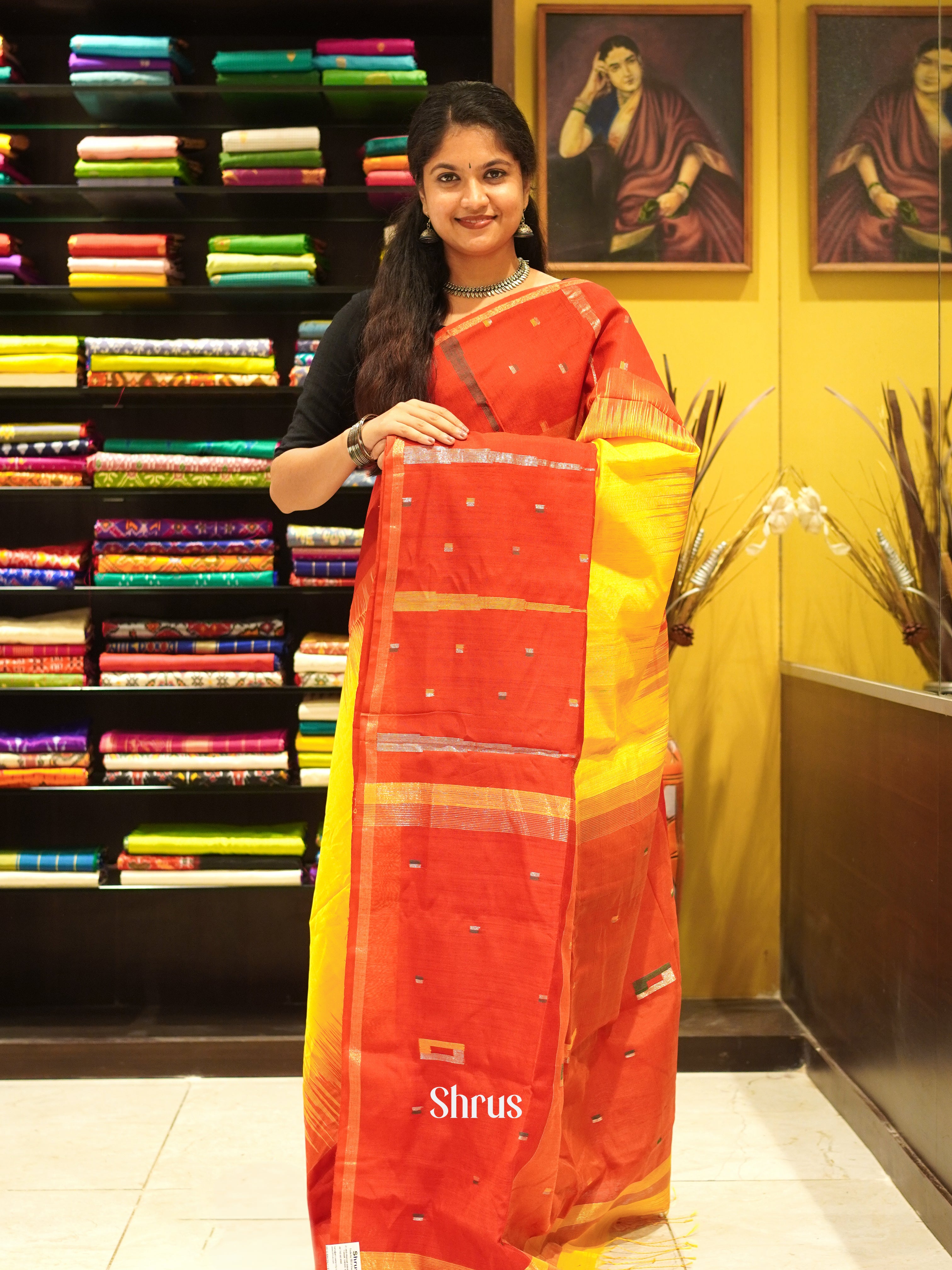Yellow & Red  - Bengal cotton Saree - Shop on ShrusEternity.com