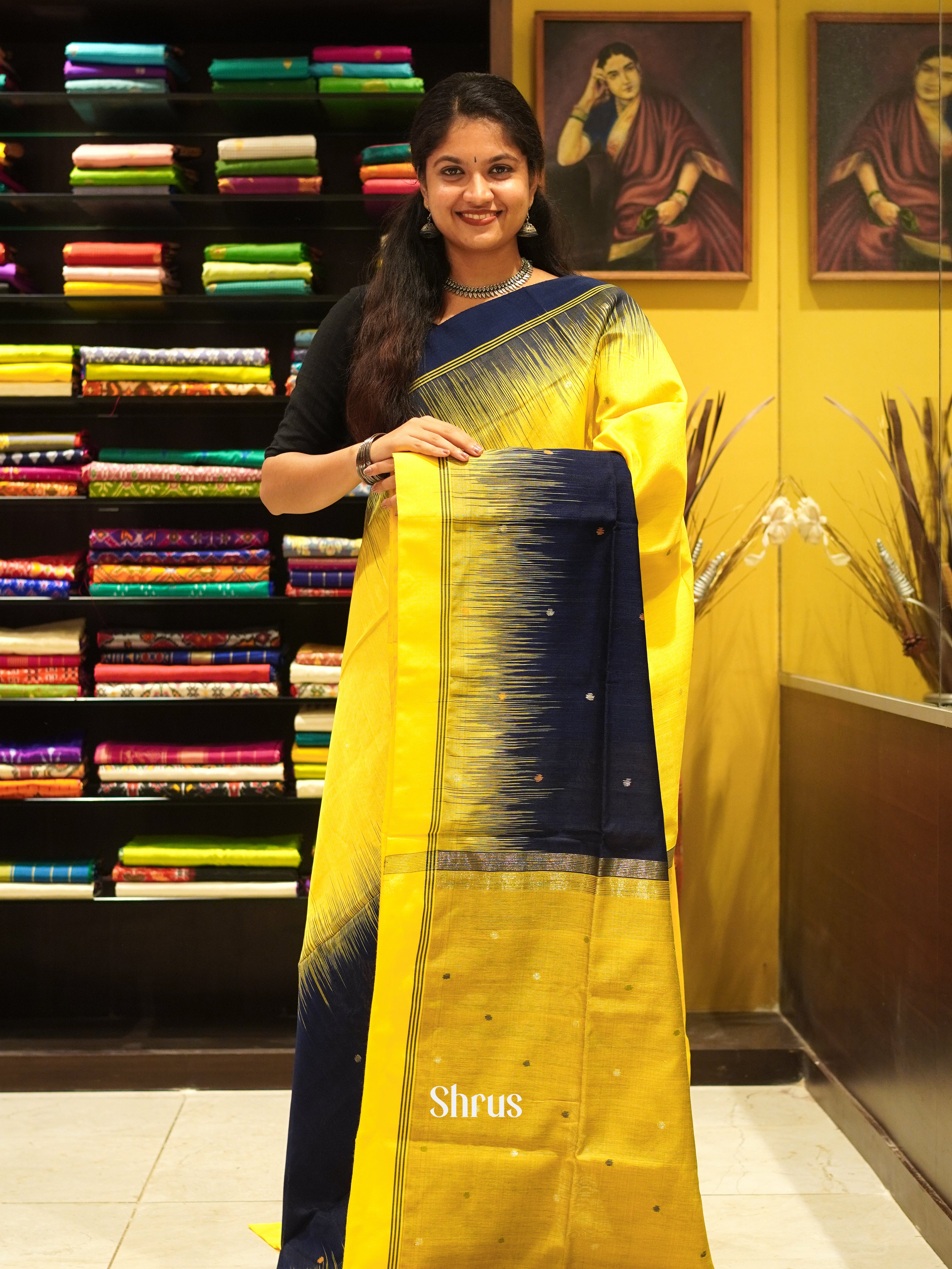 Yellow & Blue  - Bengal cotton Saree - Shop on ShrusEternity.com