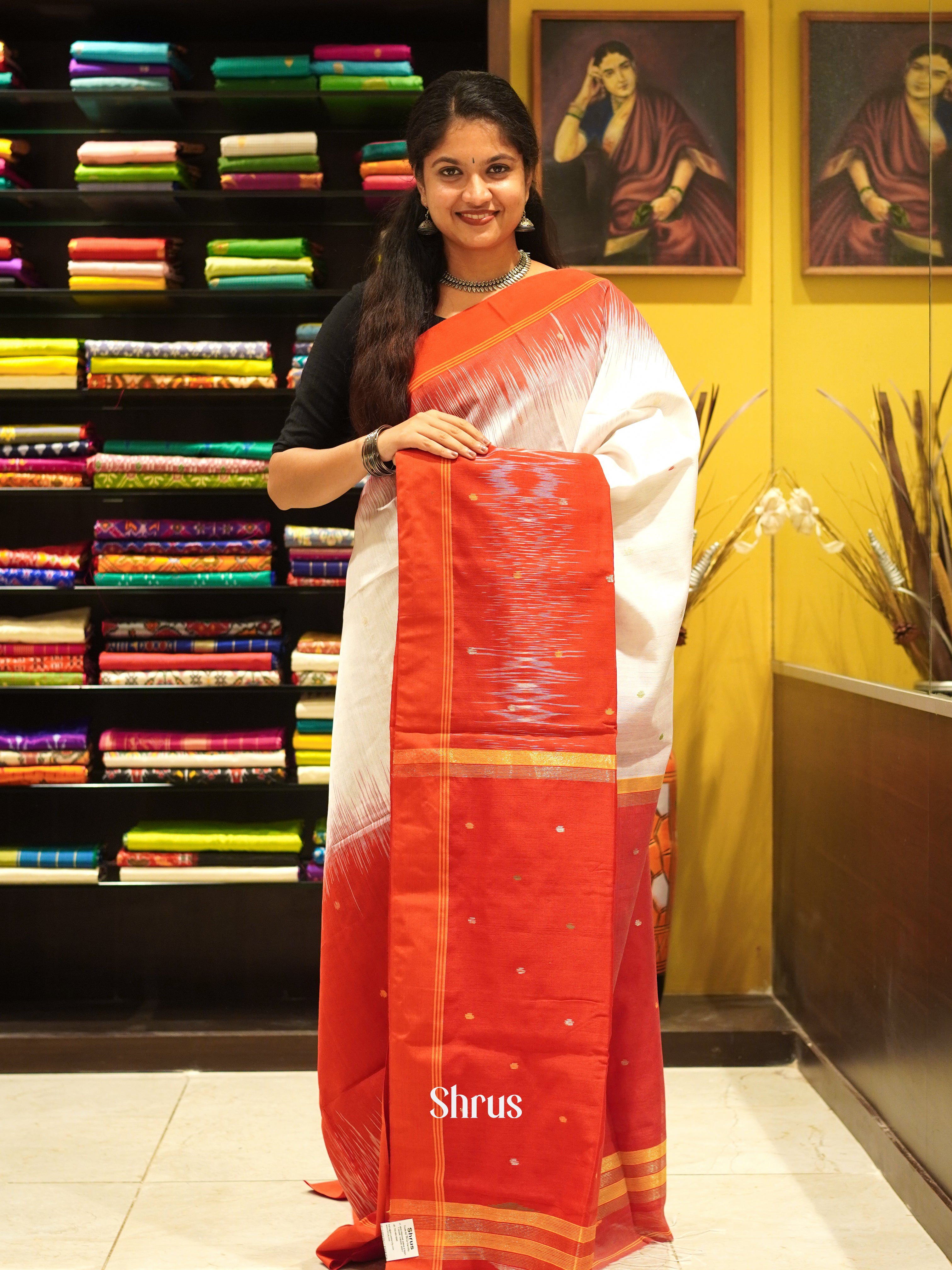 Cream & Red - Bengal cotton Saree - Shop on ShrusEternity.com