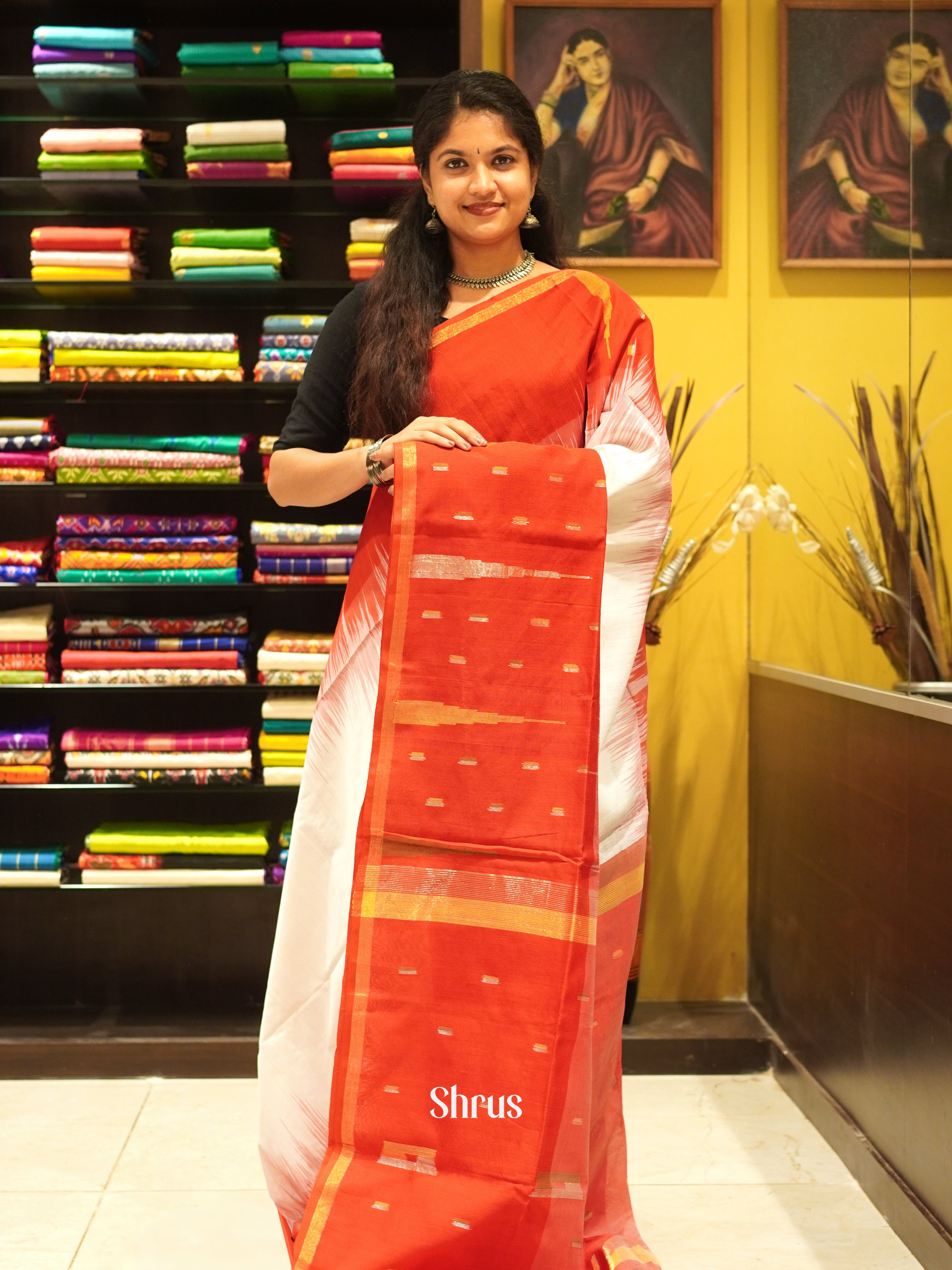 Cream & Red  - Bengal cotton Saree - Shop on ShrusEternity.com