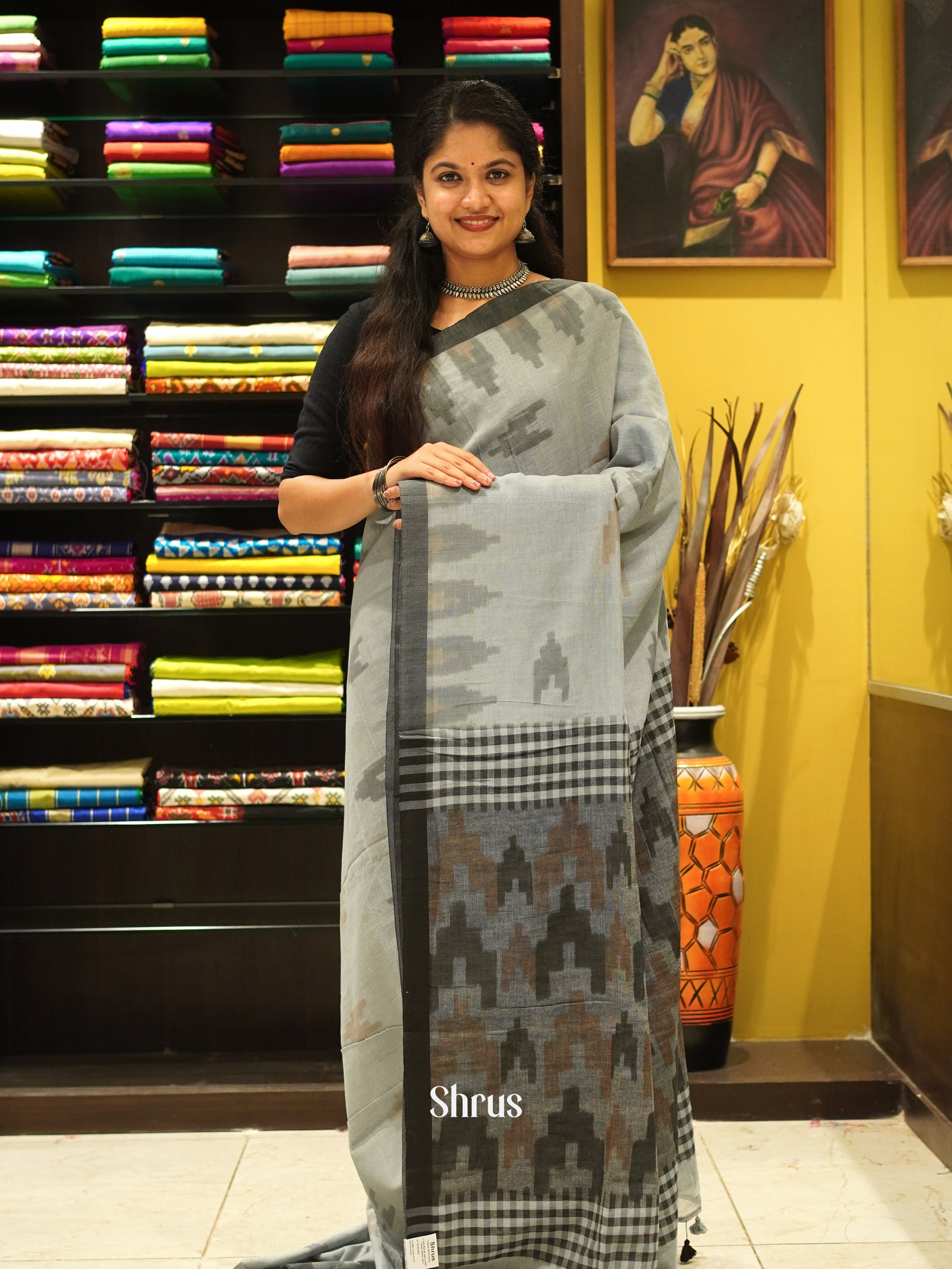 Grey & Black - Semi Ikkat Saree - Shop on ShrusEternity.com