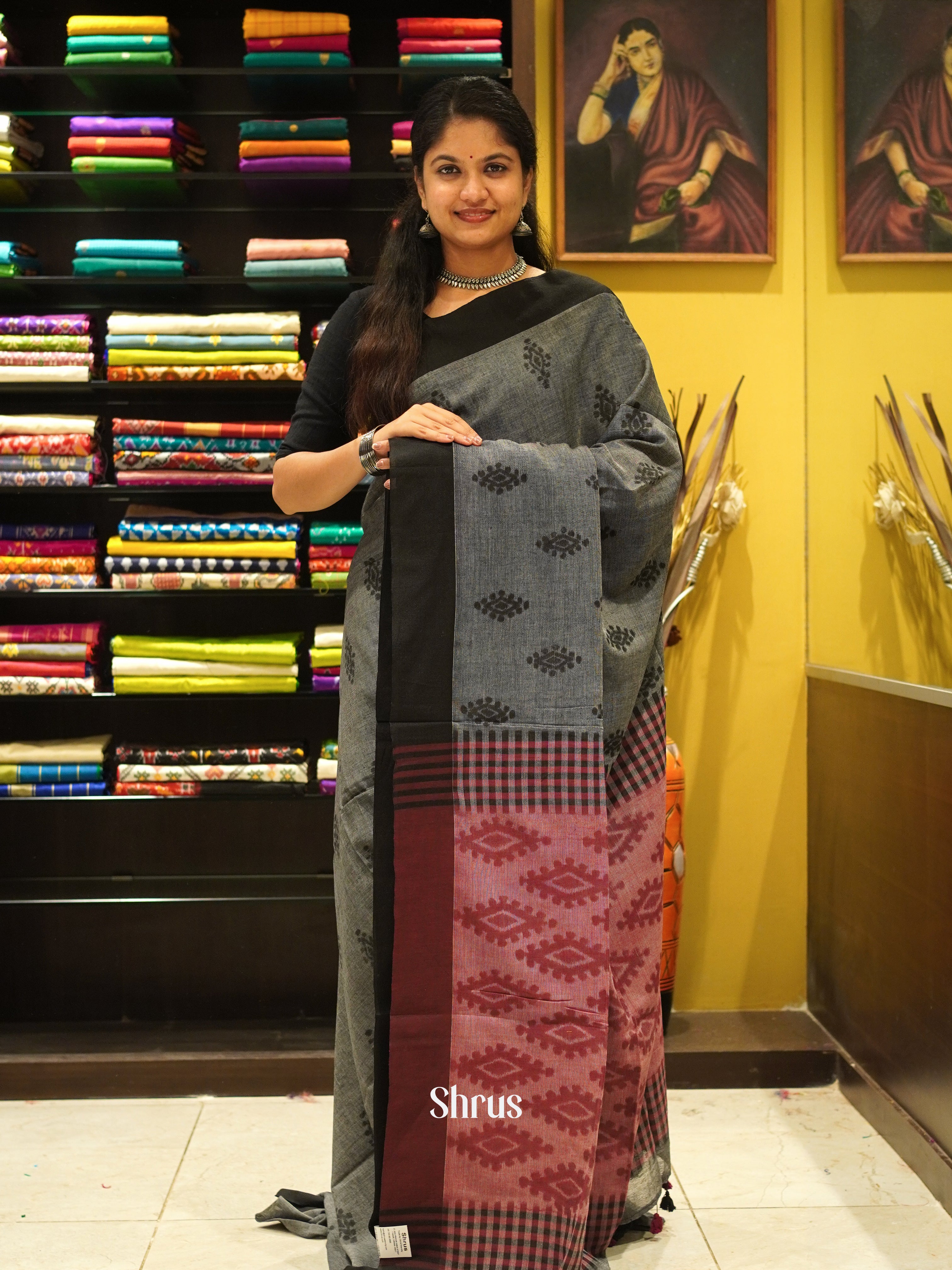 Grey & Black - Semi Ikkat Saree - Shop on ShrusEternity.com