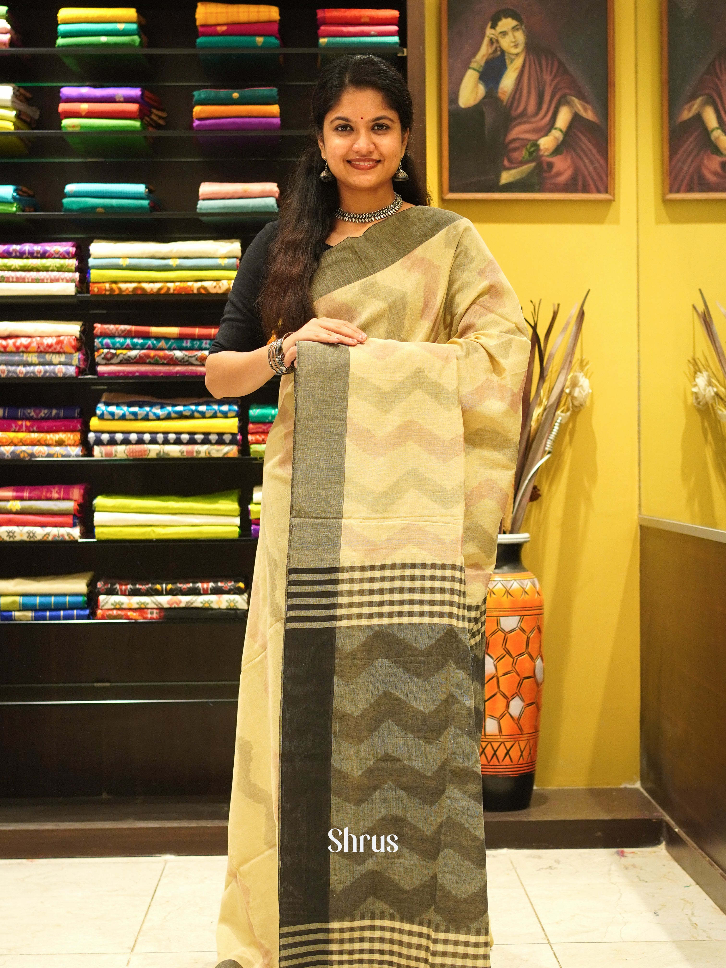 Yellow & Grey - Semi Ikkat Saree - Shop on ShrusEternity.com