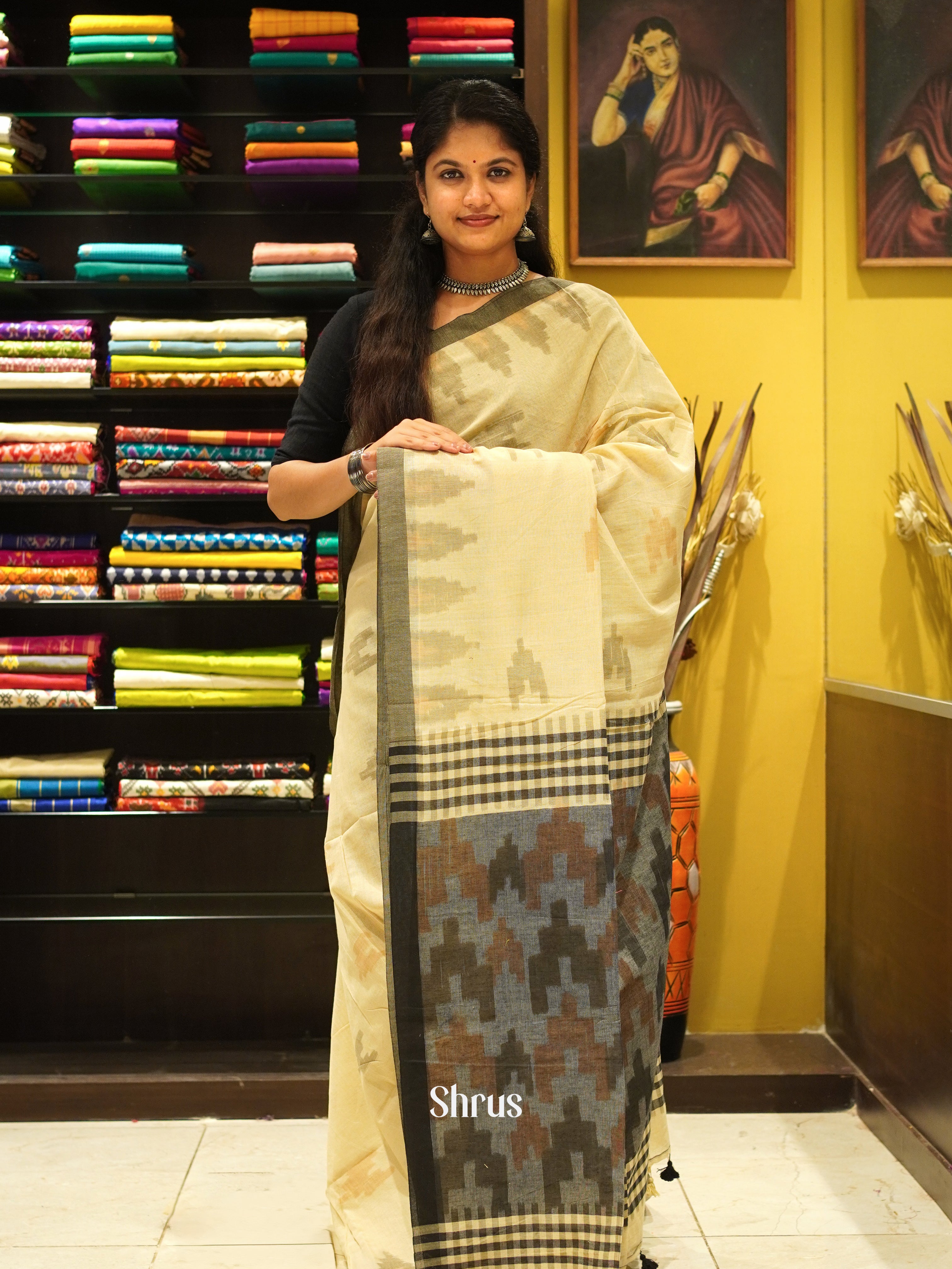 Pale Yellow  & Grey - Semi Ikkat Saree - Shop on ShrusEternity.com