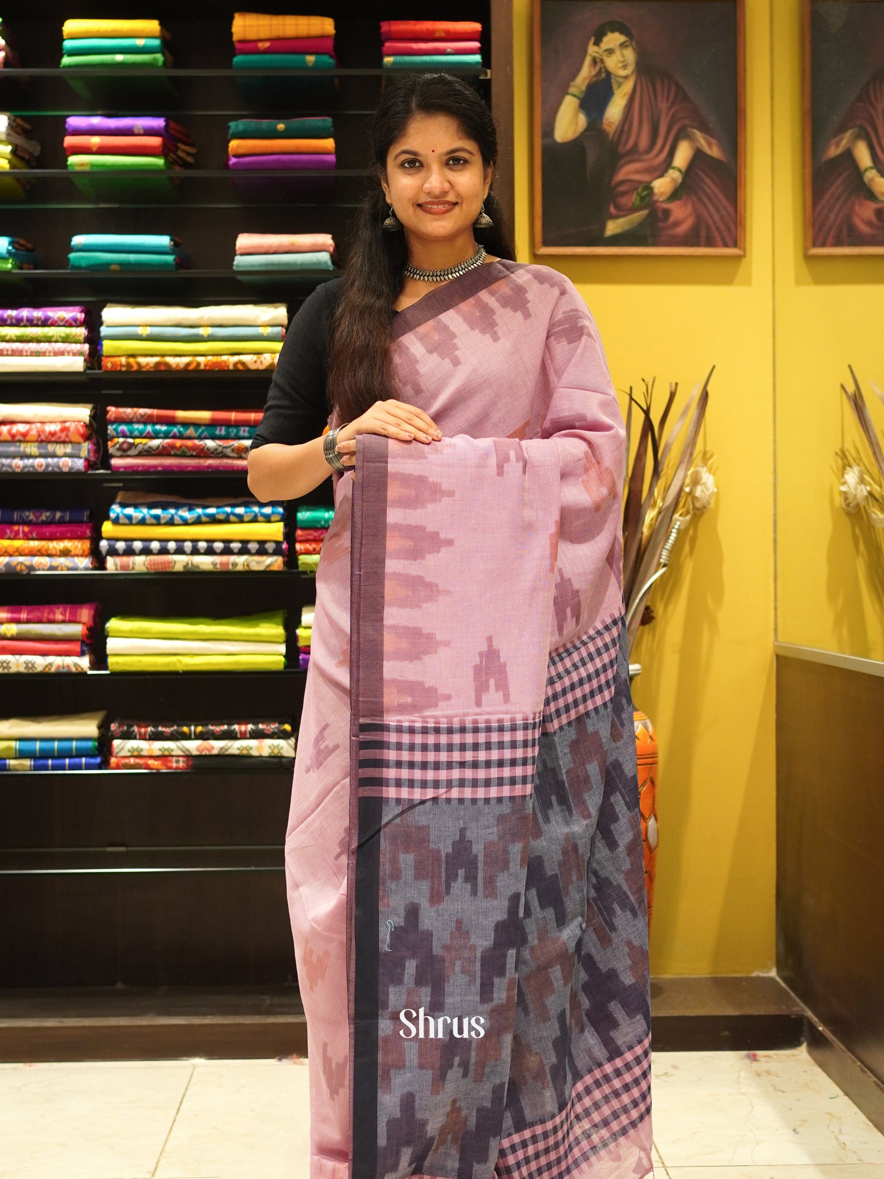 Pink & Grey - Semi Ikkat saree - Shop on ShrusEternity.com