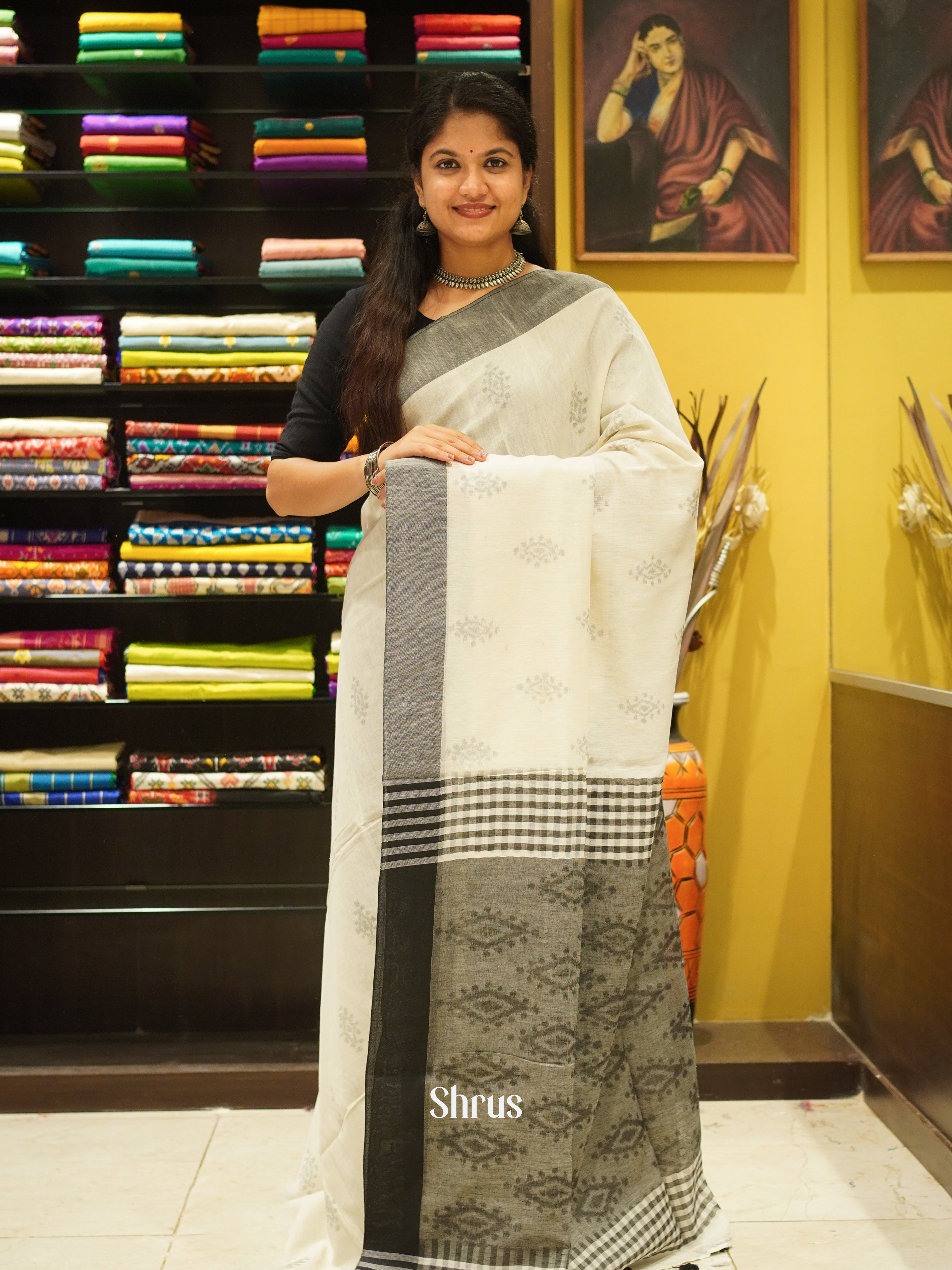 Cream & Grey - Semi Ikkat saree - Shop on ShrusEternity.com