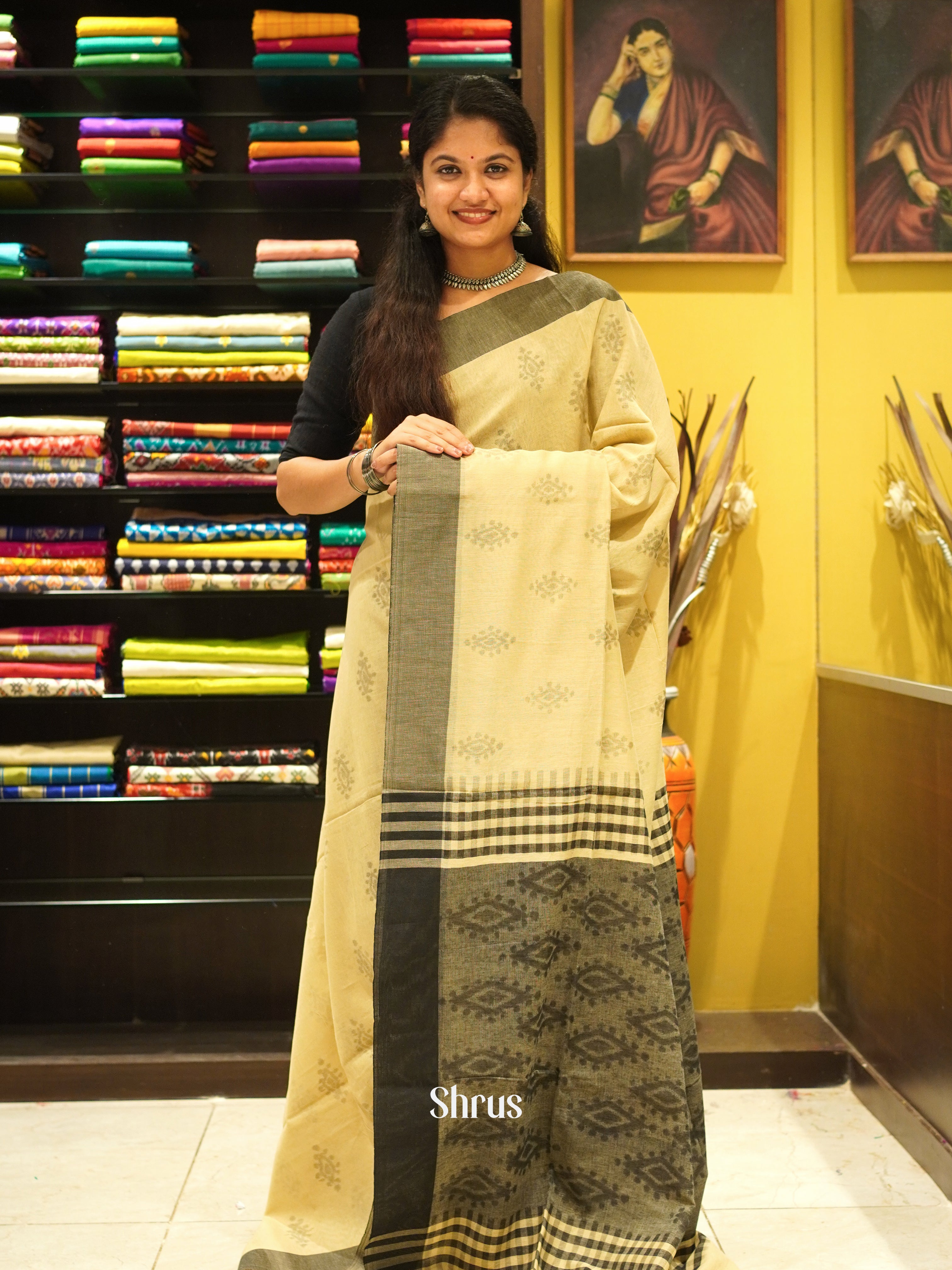 Pale Yellow & Grey - Semi Ikkat saree - Shop on ShrusEternity.com