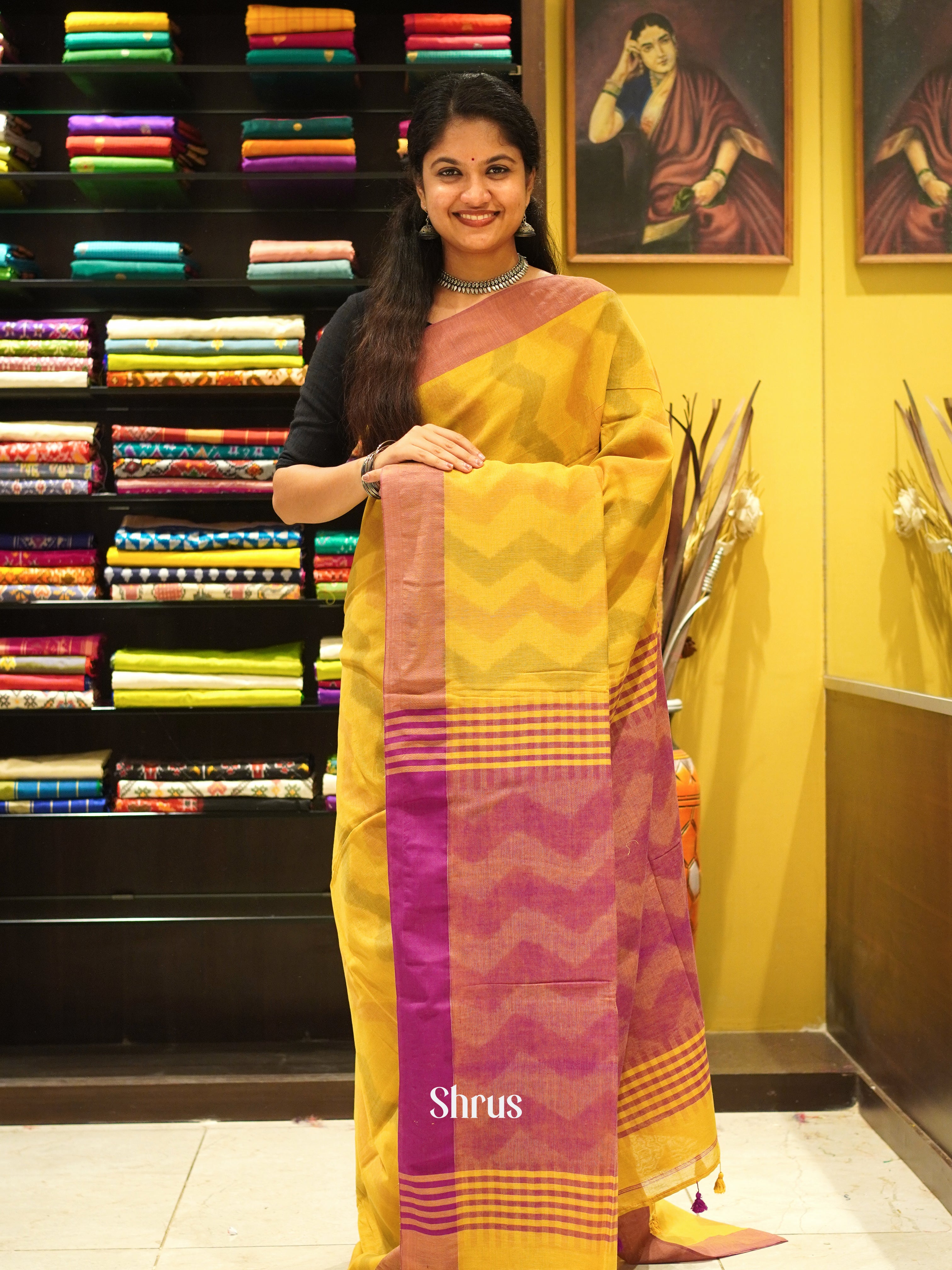 Yellow & Pink - Semi Ikkat saree - Shop on ShrusEternity.com