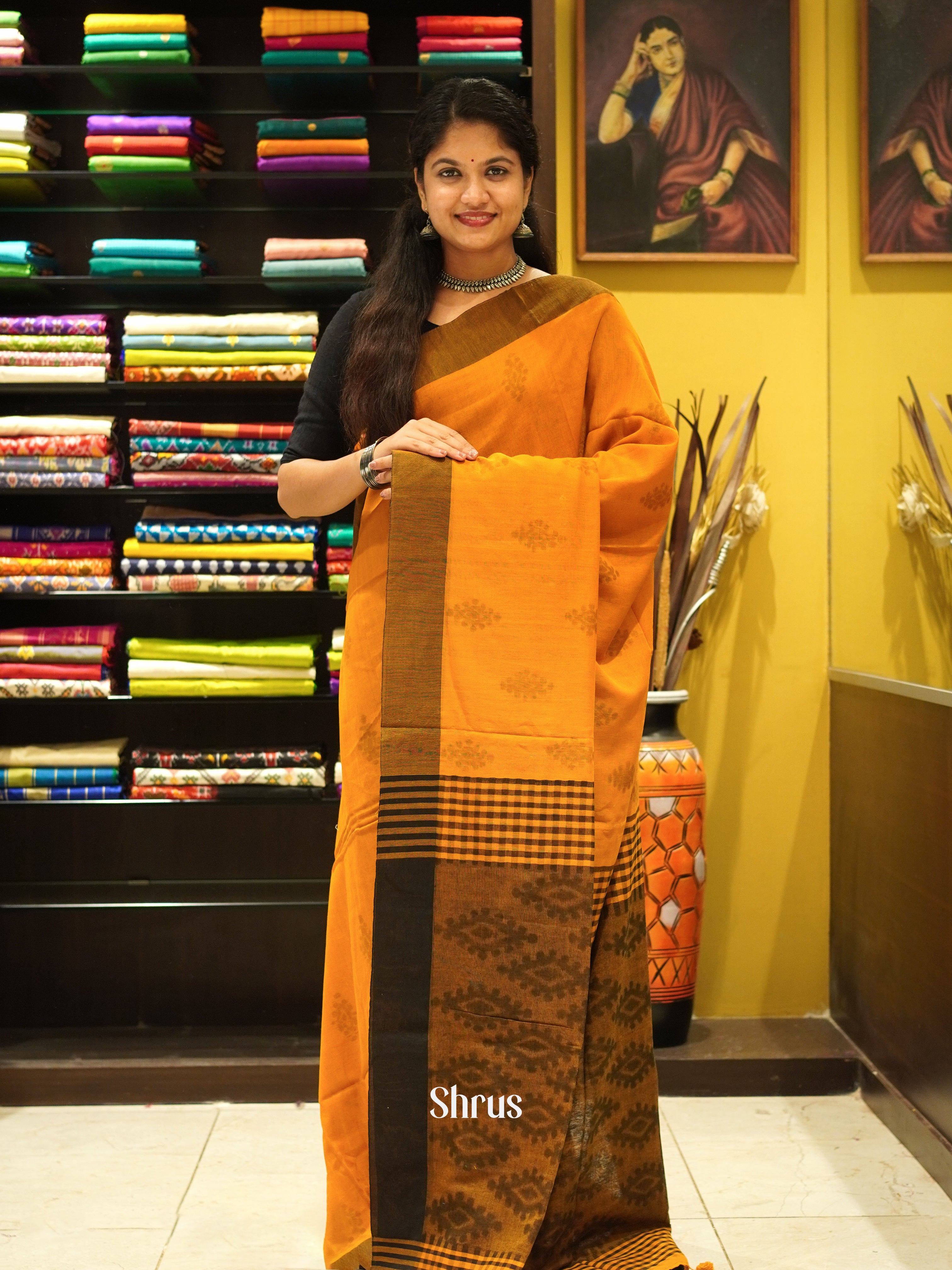 Mustard  & Black - Semi Ikkat saree - Shop on ShrusEternity.com