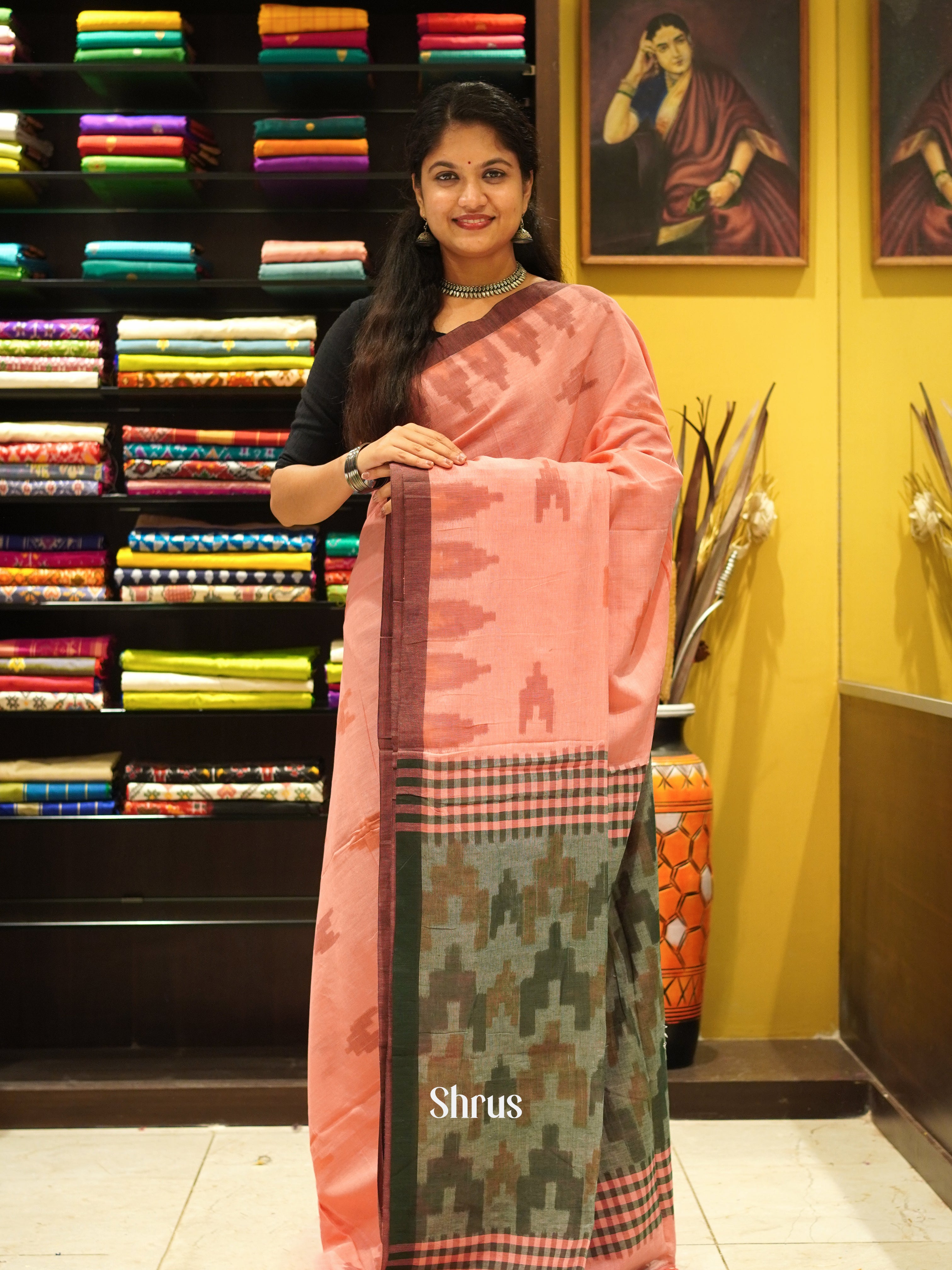 Pink & Grey - Semi Ikkat saree - Shop on ShrusEternity.com