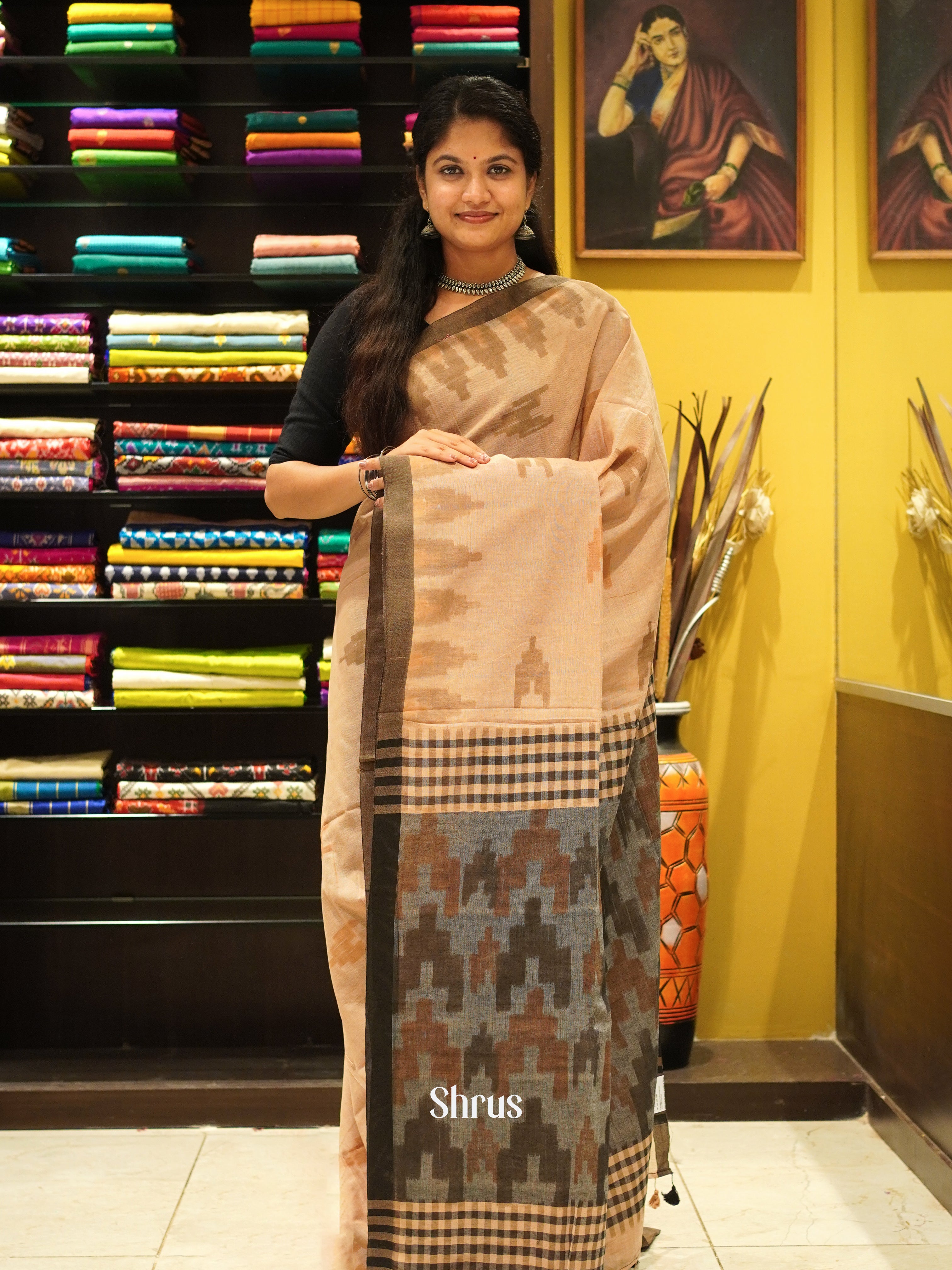 Dusty Brown & Grey - Semi Ikkat saree - Shop on ShrusEternity.com