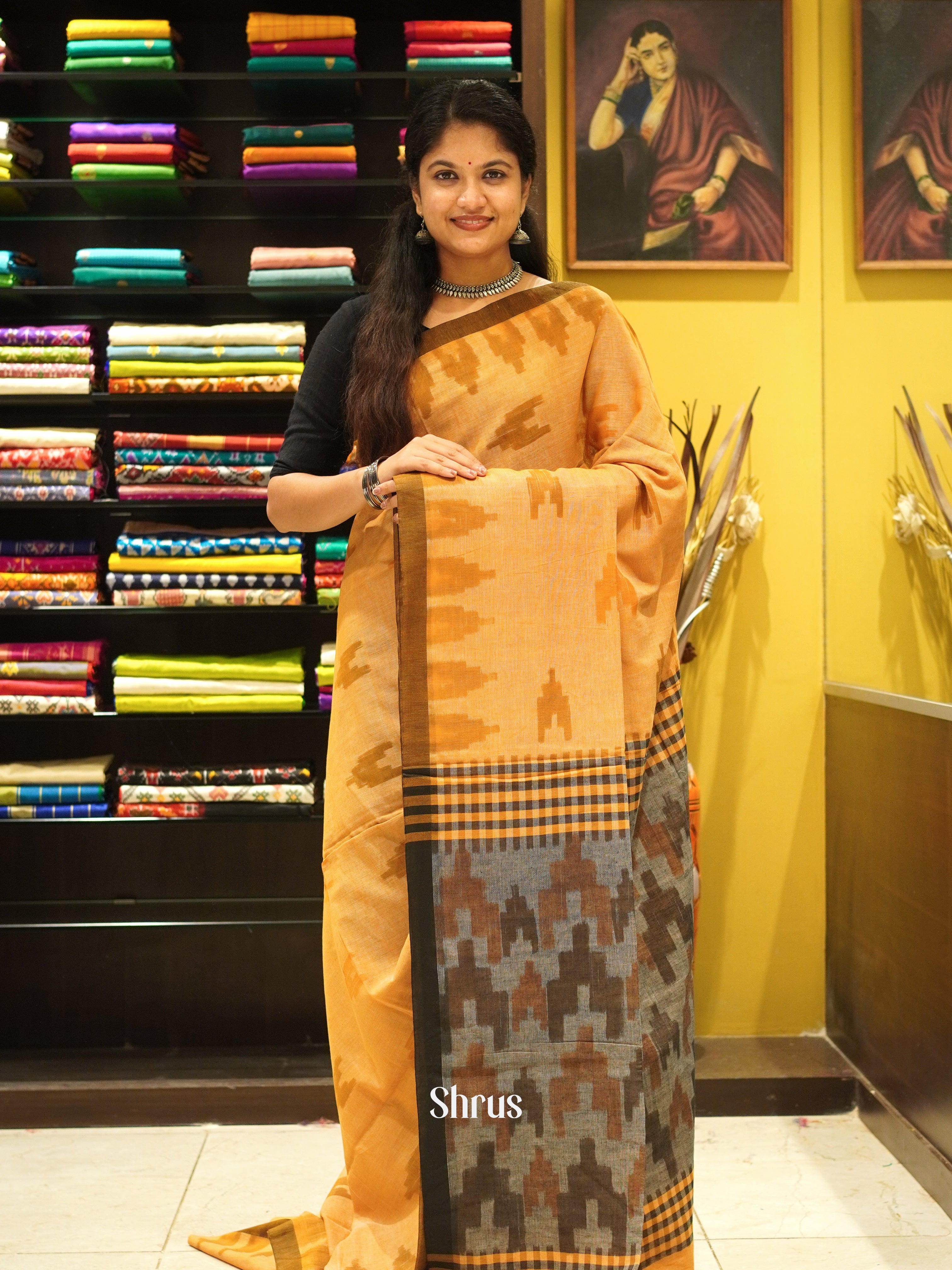 Pale Orange & Grey - Semi Ikkat saree - Shop on ShrusEternity.com