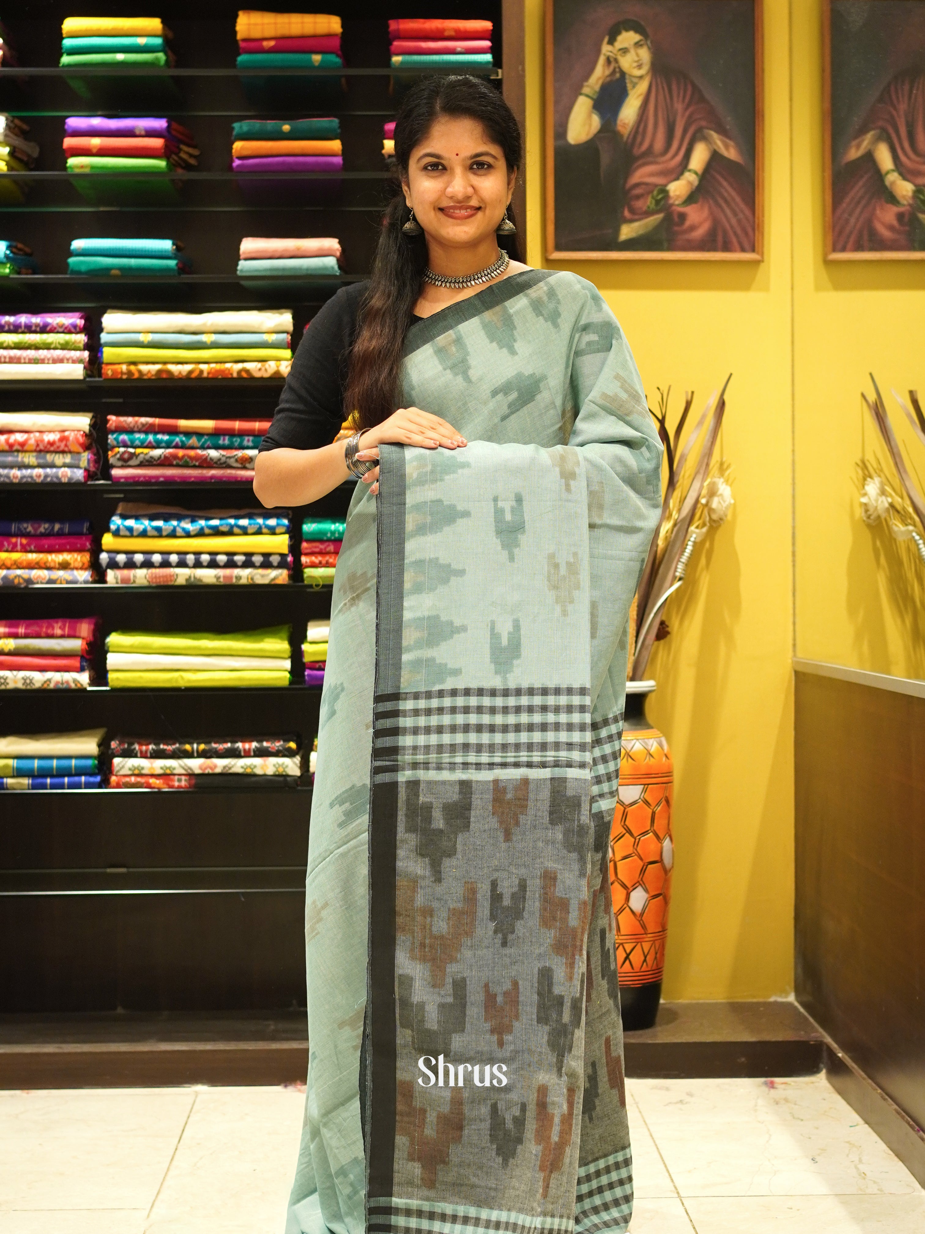 Blue & Grey - Semi Ikkat saree - Shop on ShrusEternity.com