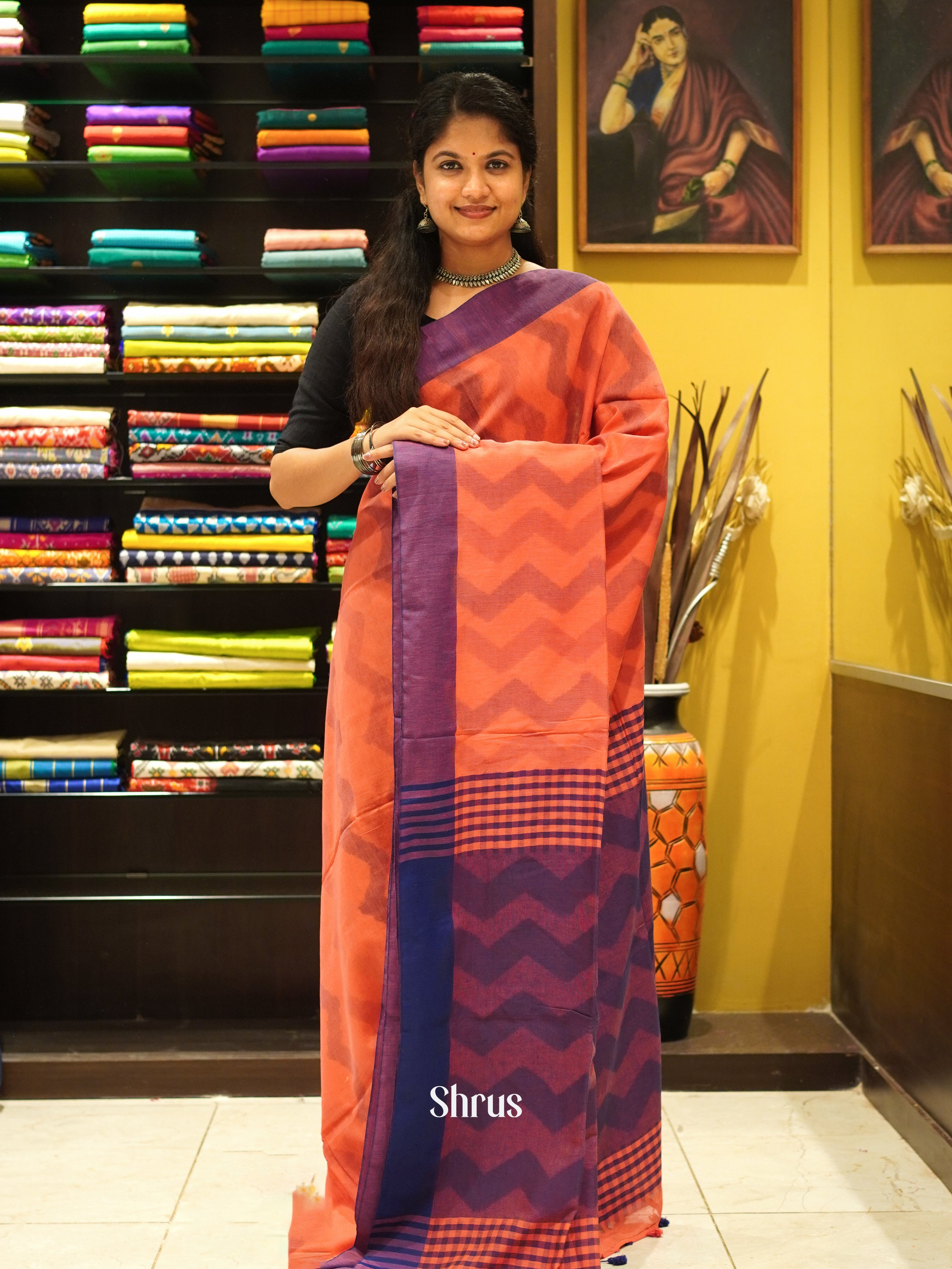 Peach & Blue - Semi Ikkat saree - Shop on ShrusEternity.com