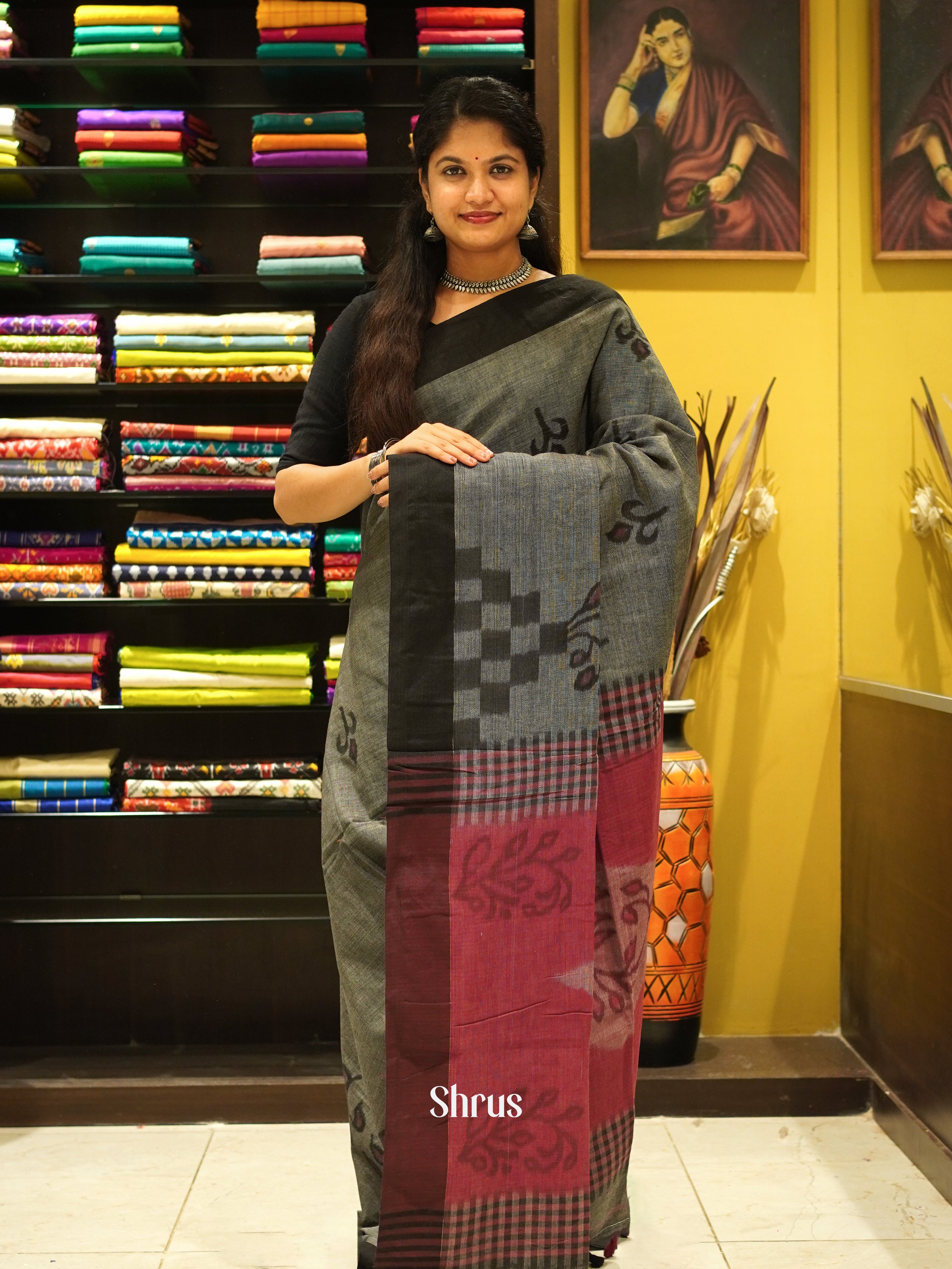 Grey & Black - Semi Ikkat saree - Shop on ShrusEternity.com