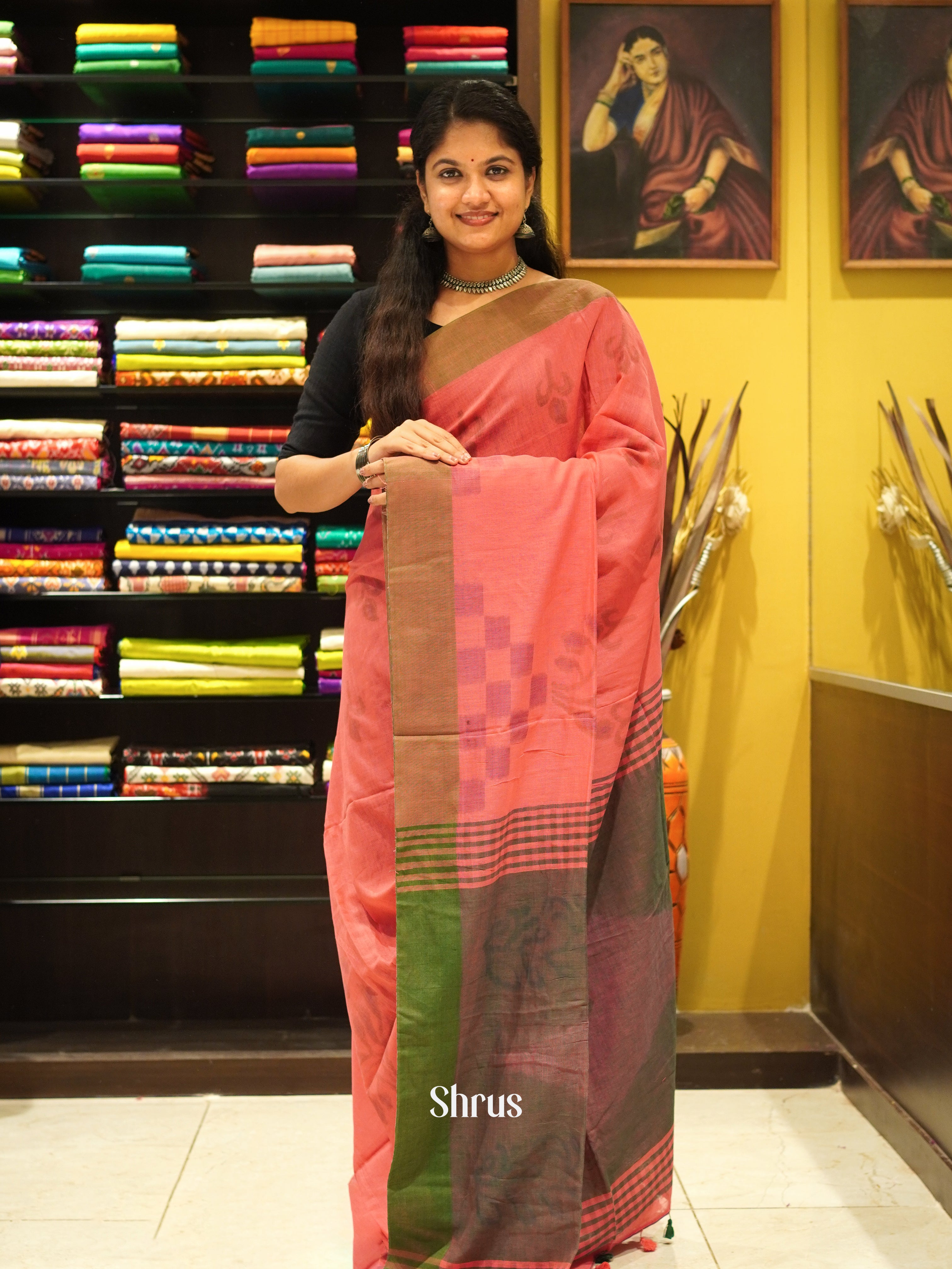 Peachish Pink & Green - Semi Ikkat saree - Shop on ShrusEternity.com