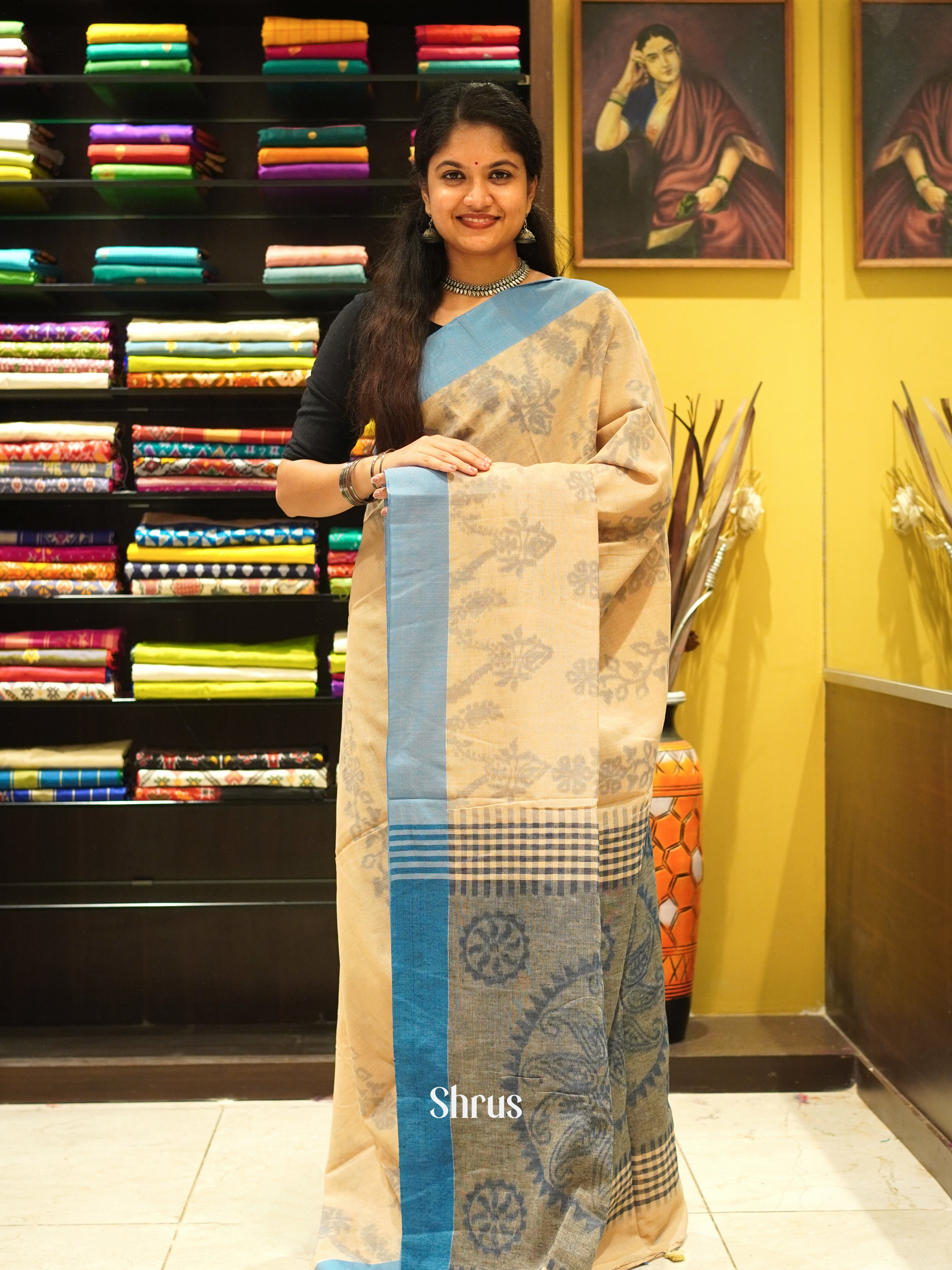 Beige & Blue- Semi Ikkat saree - Shop on ShrusEternity.com