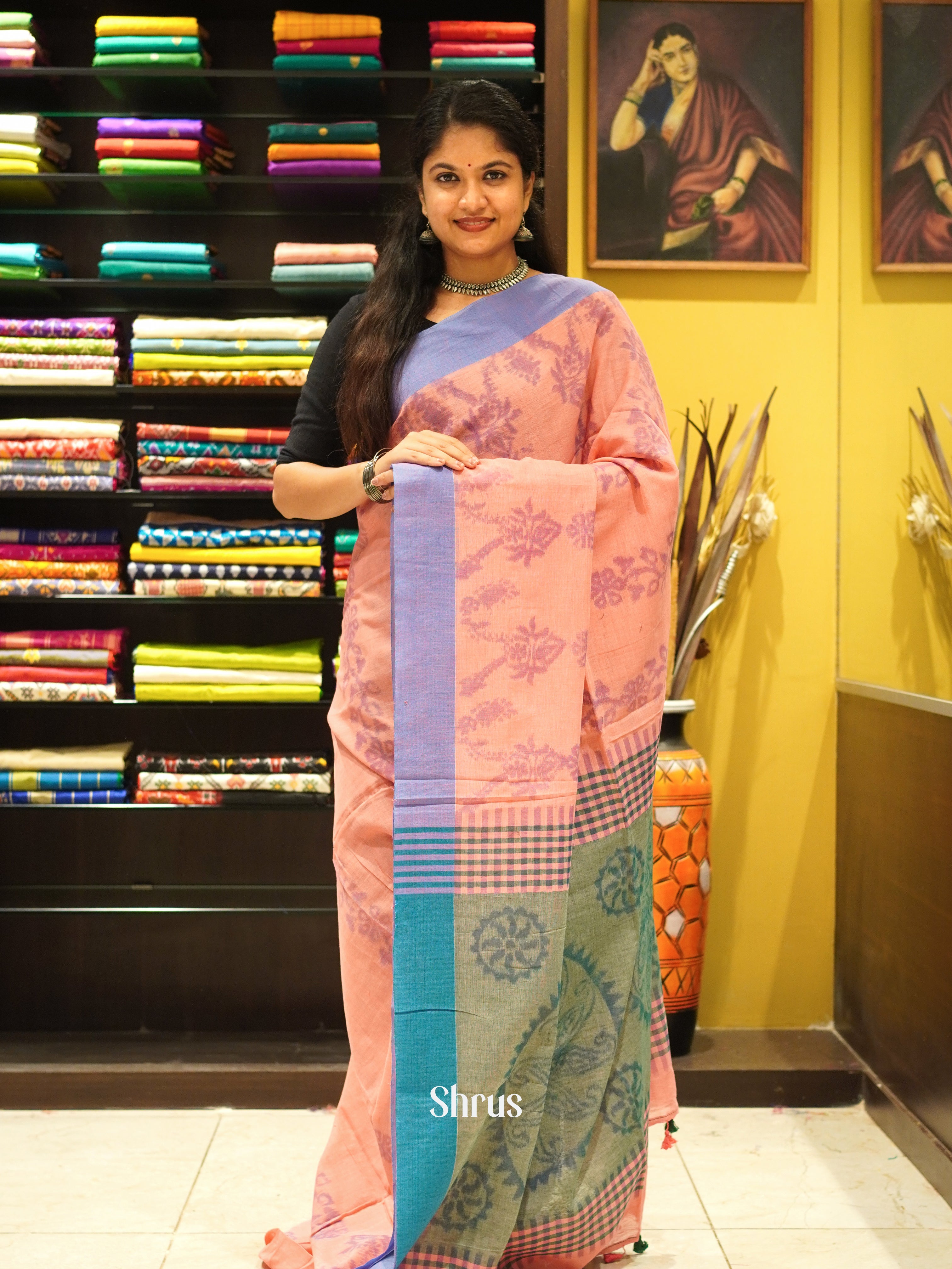 Pink & Green - Semi Ikkat saree - Shop on ShrusEternity.com