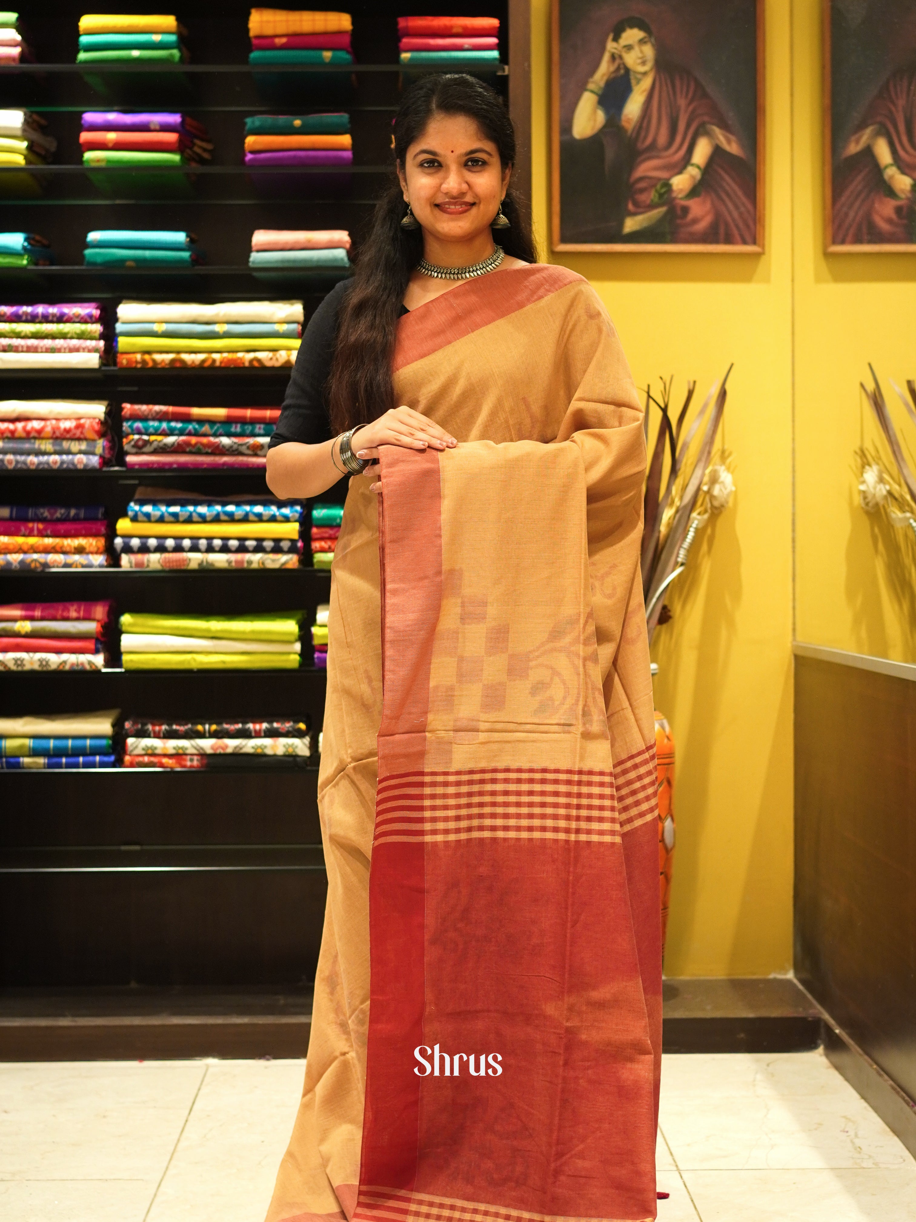 Pale Orange & Red  - Semi Ikkat saree - Shop on ShrusEternity.com