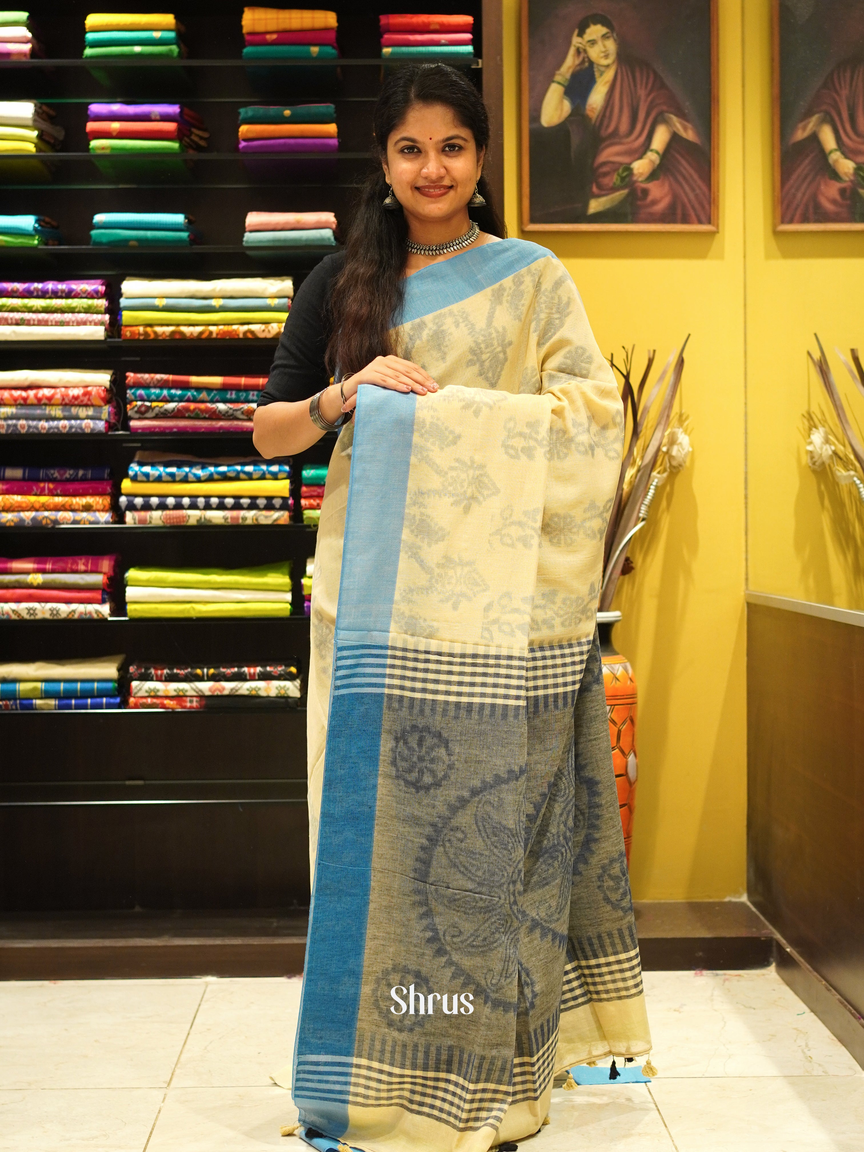 Cream & Blue - Semi Ikkat saree - Shop on ShrusEternity.com