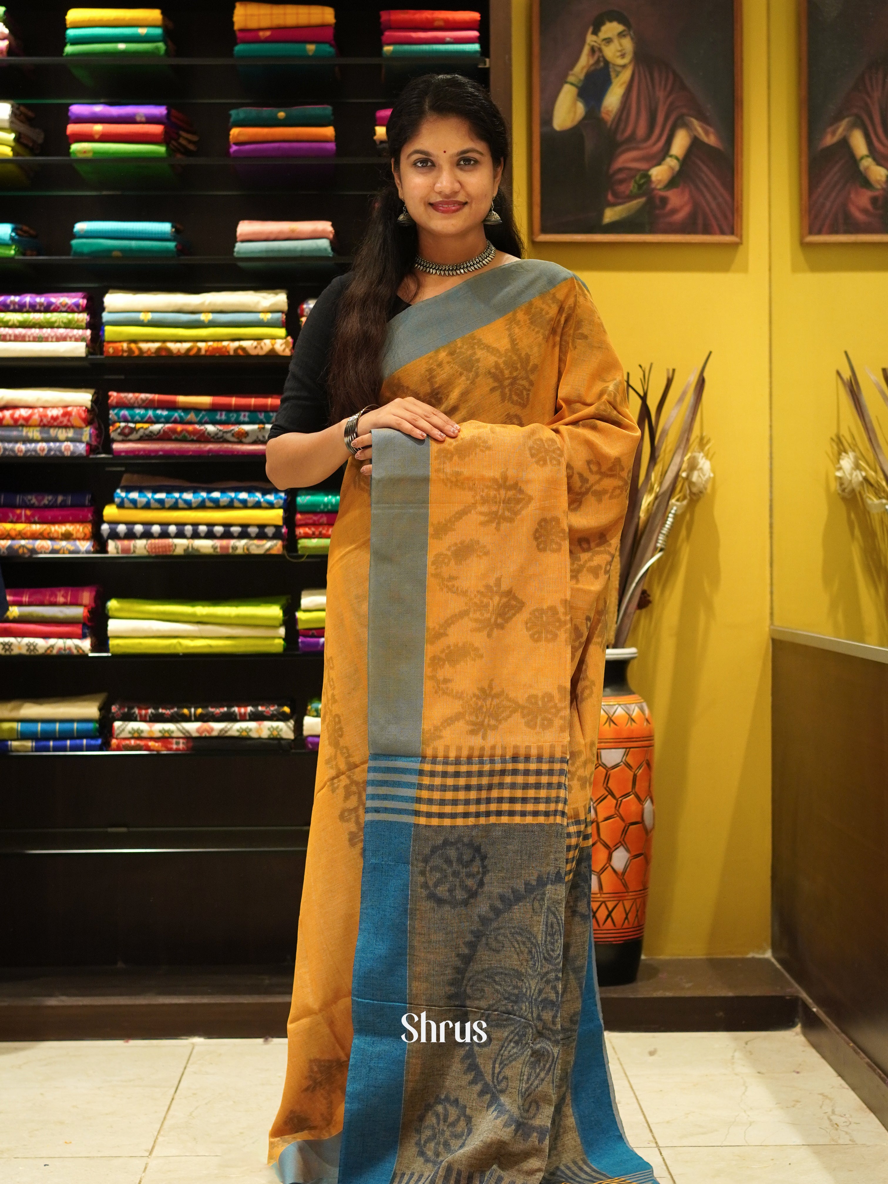 Mustard & Grey - Semi Ikkat saree - Shop on ShrusEternity.com