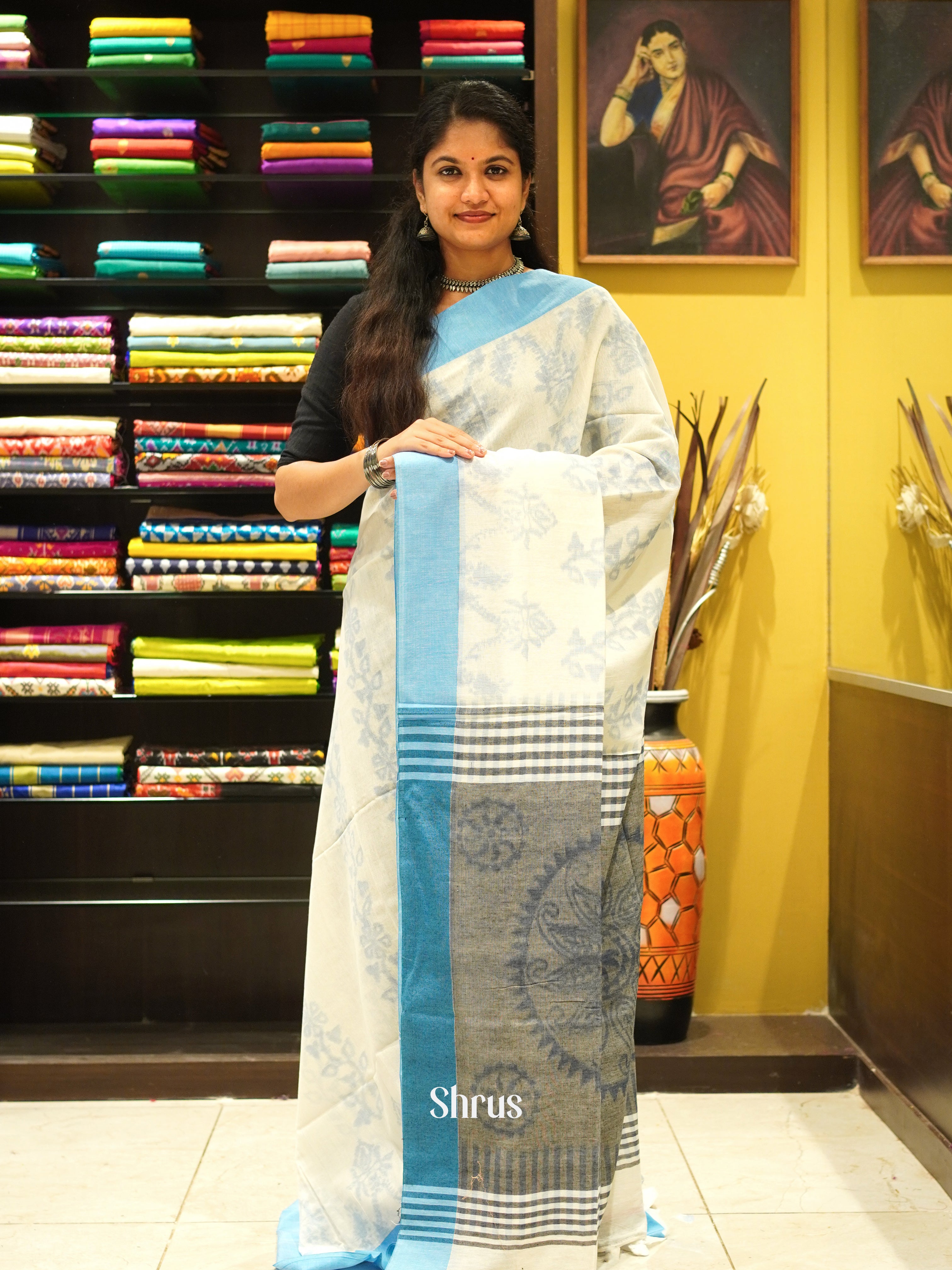 Cream & Blue - Semi Ikkat Saree - Shop on ShrusEternity.com