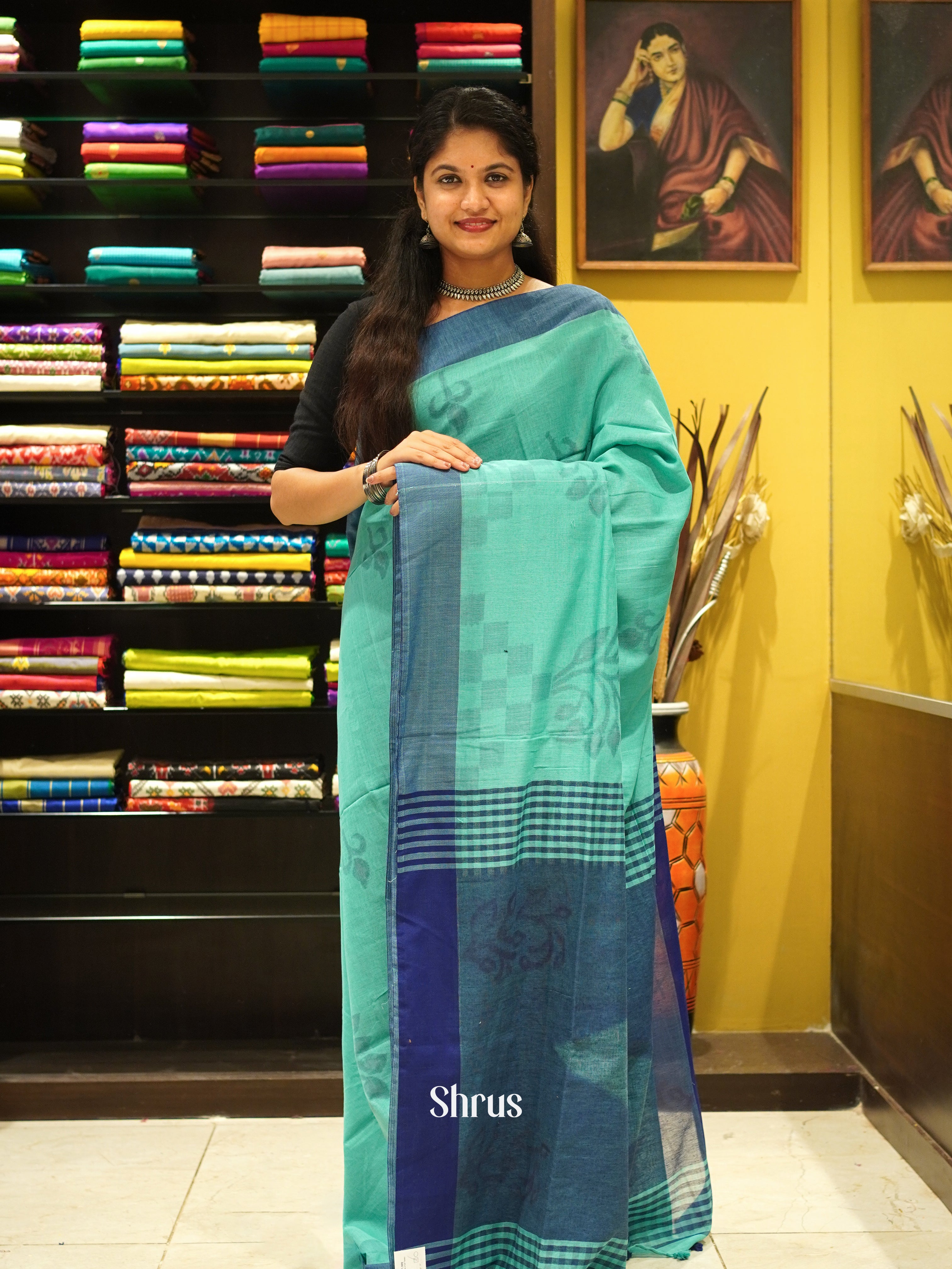 Teal Green & Blue - Semi Ikkat Saree - Shop on ShrusEternity.com