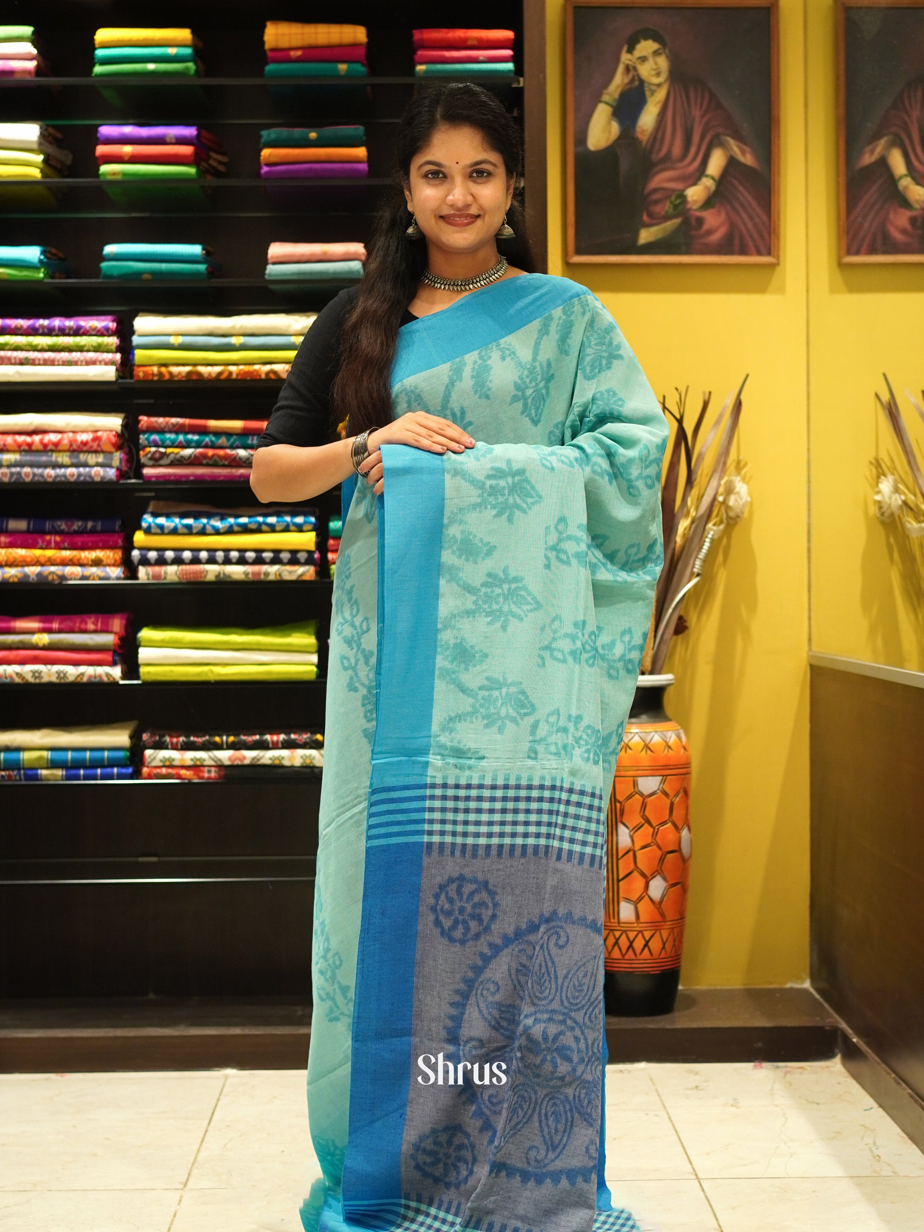 Blue & Grey - Semi Ikkat Saree - Shop on ShrusEternity.com