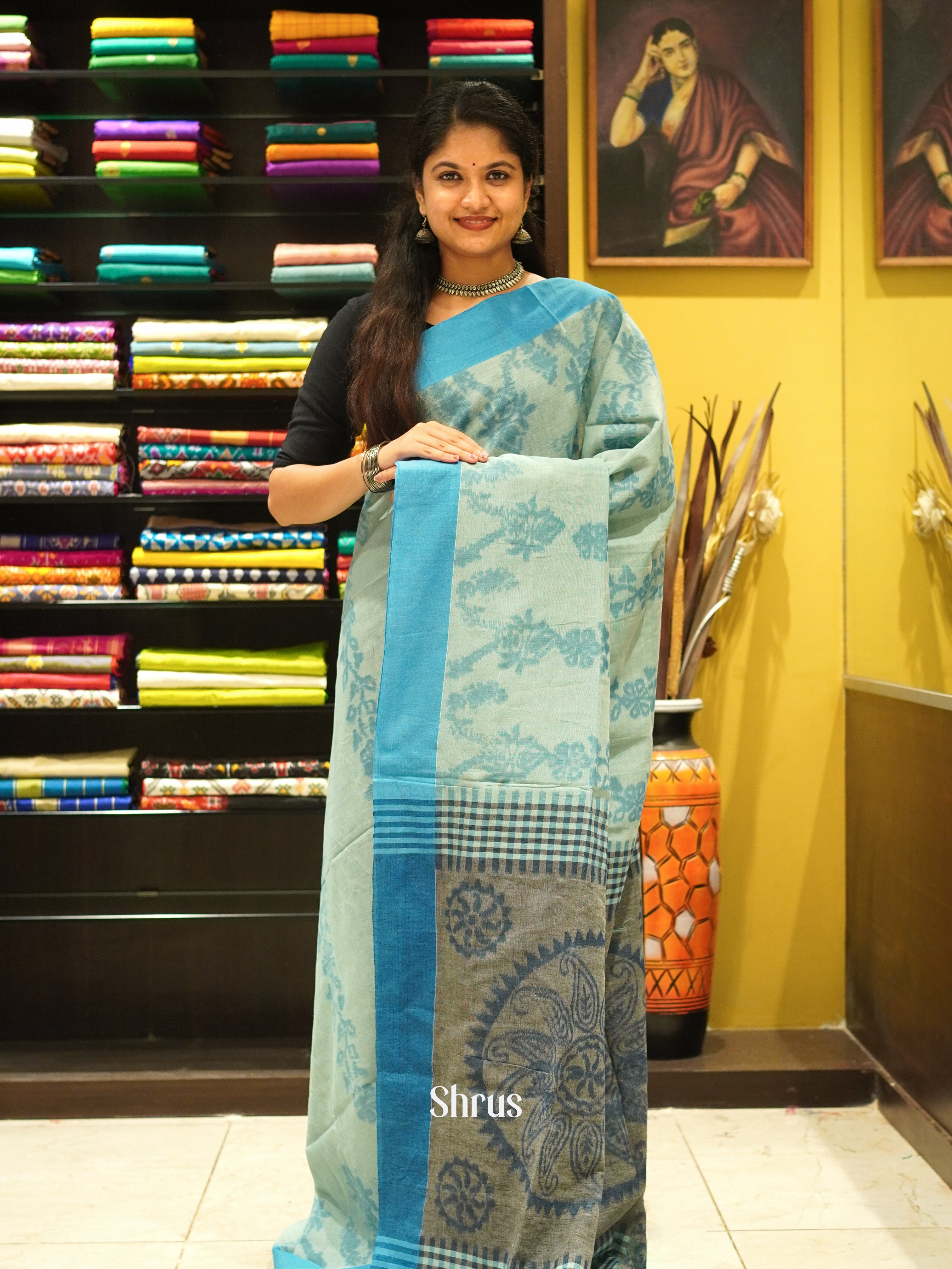 Blue & Grey - Semi Ikkat Saree - Shop on ShrusEternity.com