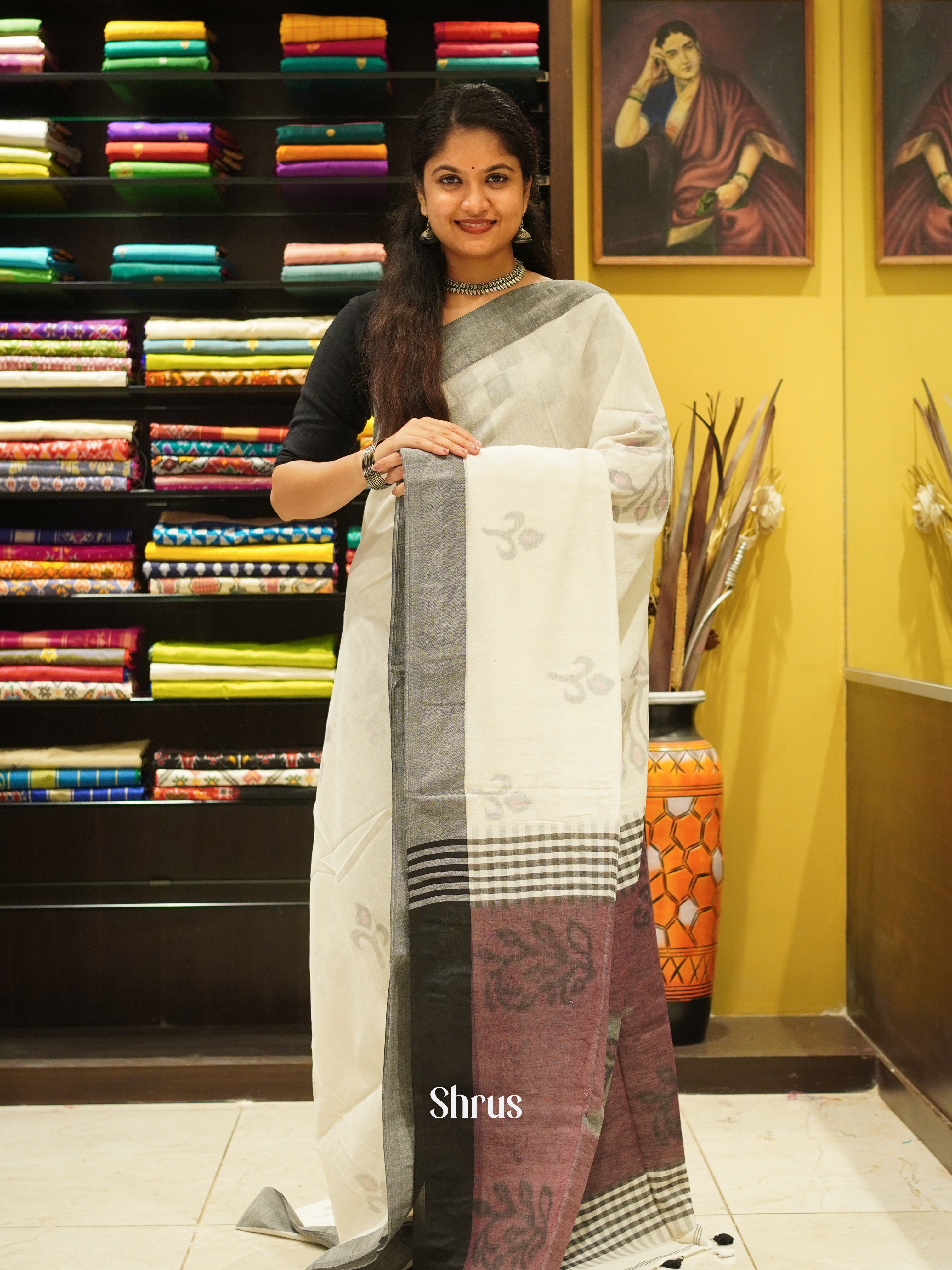 Cream & Grey - Semi Ikkat Saree - Shop on ShrusEternity.com