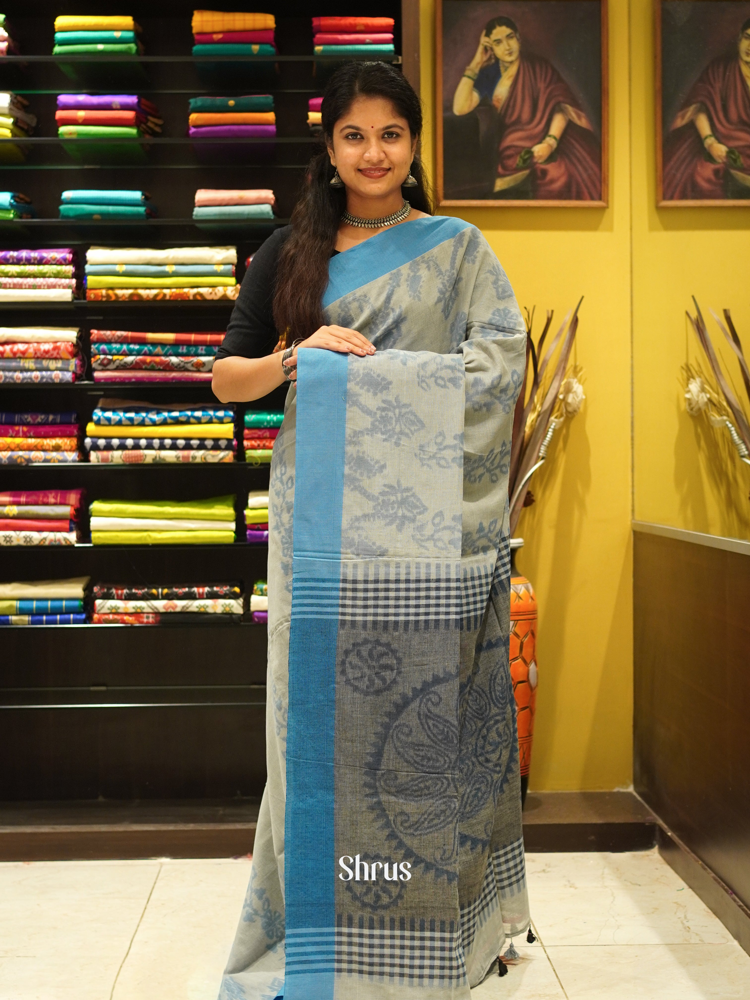 Grey & Blue - Semi Ikkat Saree - Shop on ShrusEternity.com