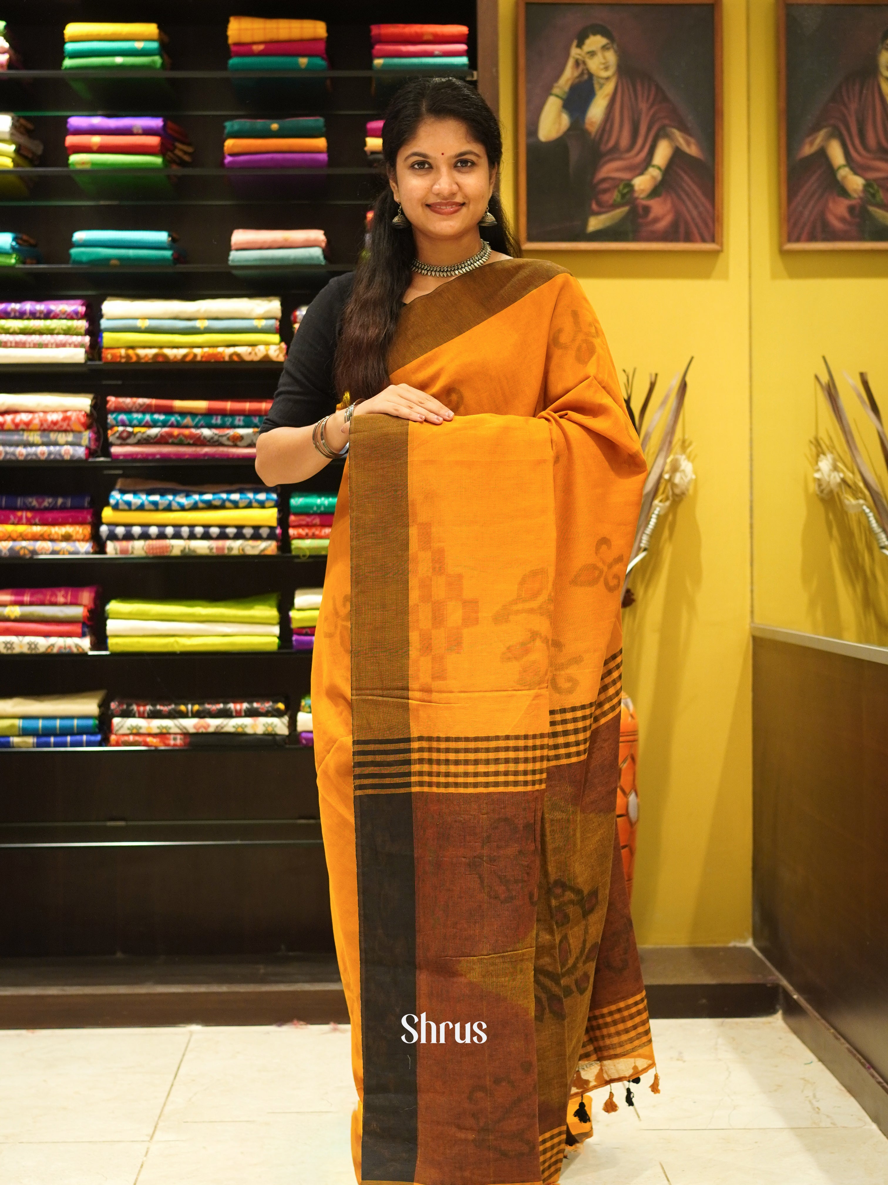 Mustard & Brown - Semi Ikkat Saree - Shop on ShrusEternity.com