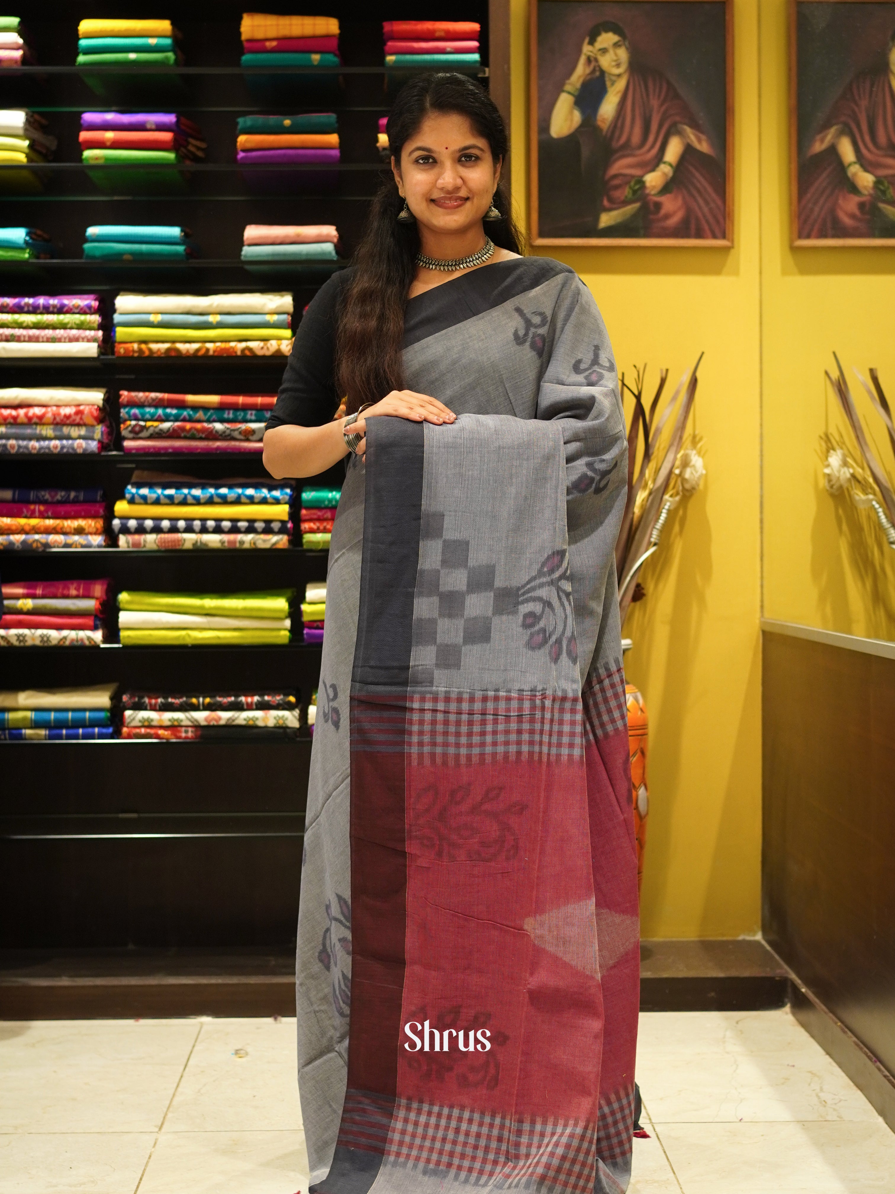 Grey & Red - Semi Ikkat Saree - Shop on ShrusEternity.com