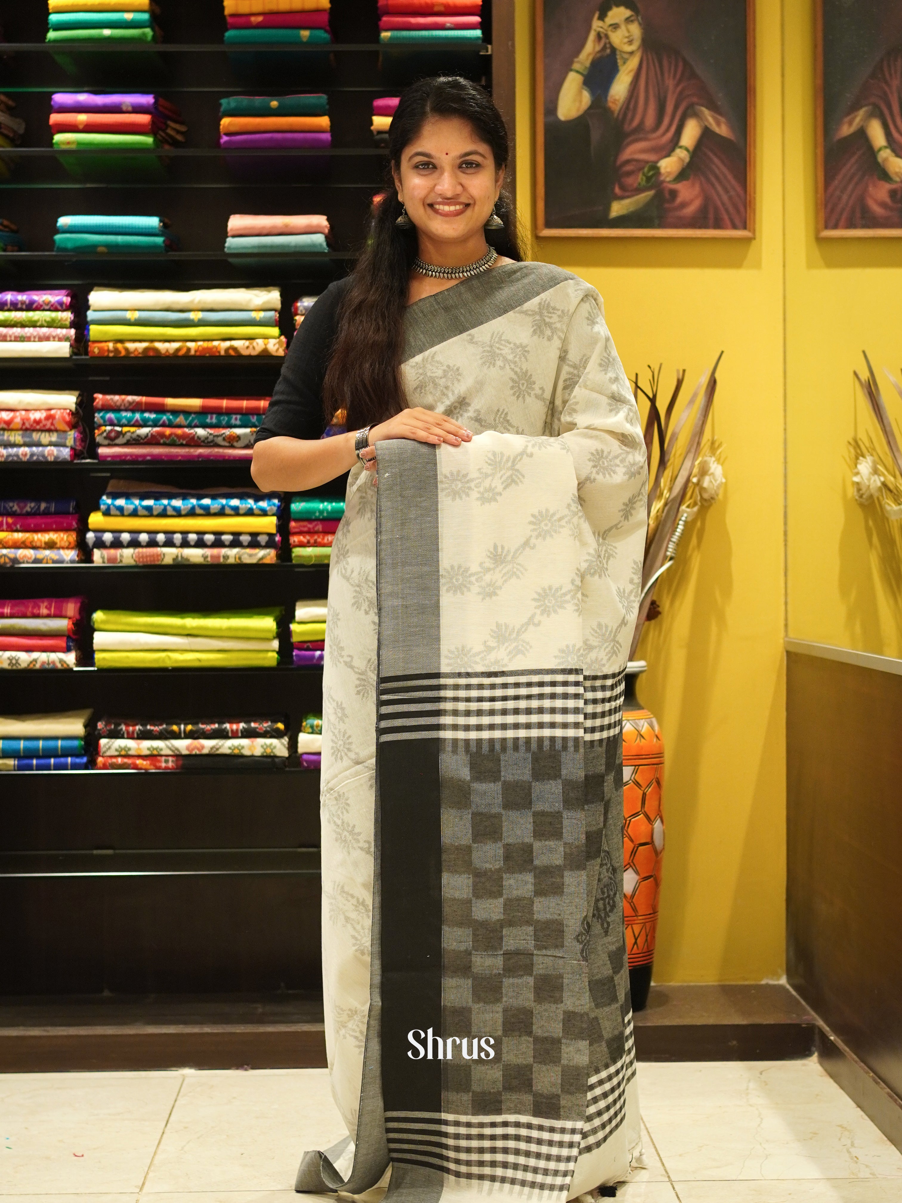 Cream & Grey - Semi Ikkat Saree - Shop on ShrusEternity.com