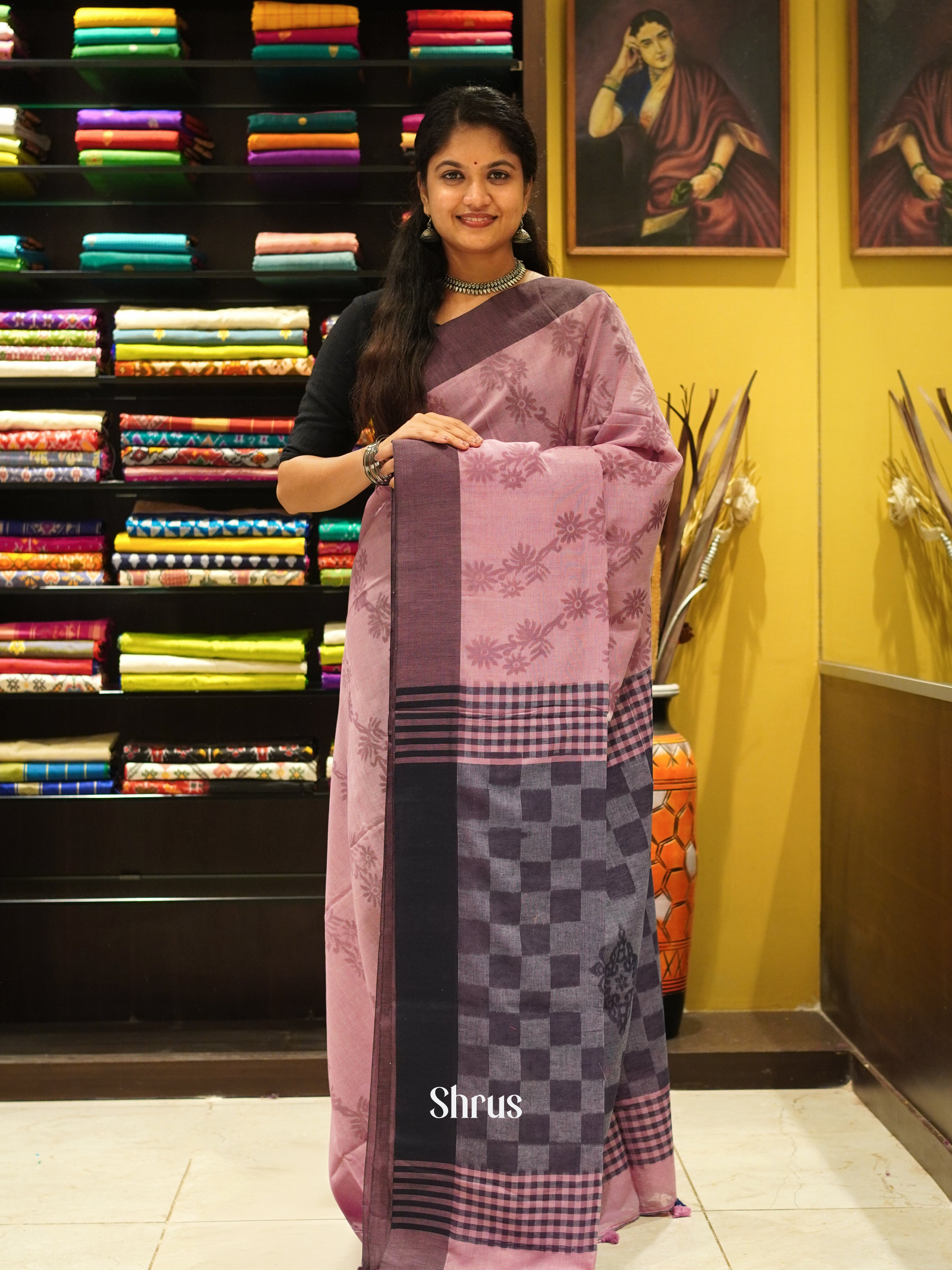 Pink & Grey - Semi Ikkat Saree - Shop on ShrusEternity.com