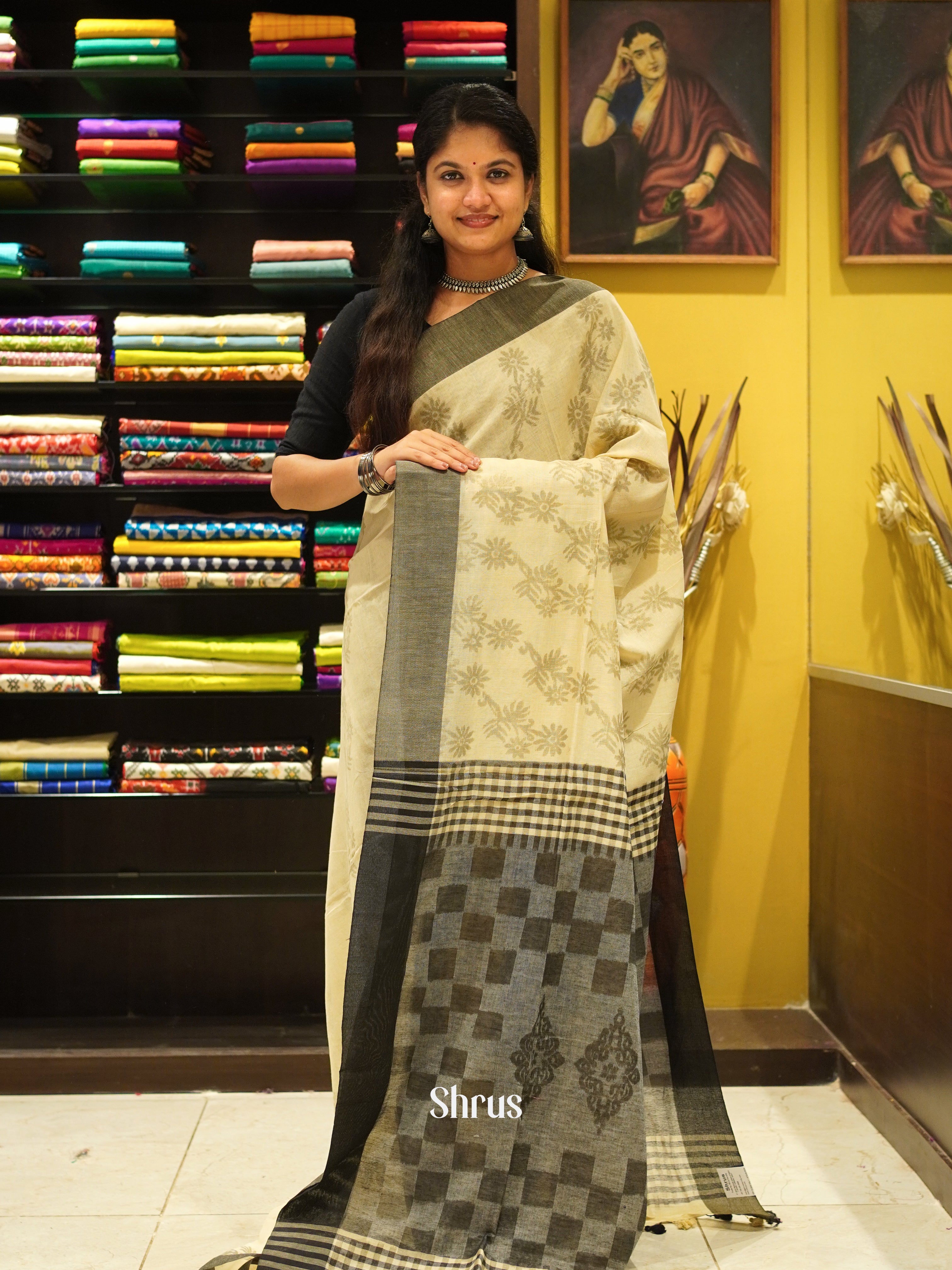 Cream & Grey - Semi Ikkat Saree - Shop on ShrusEternity.com