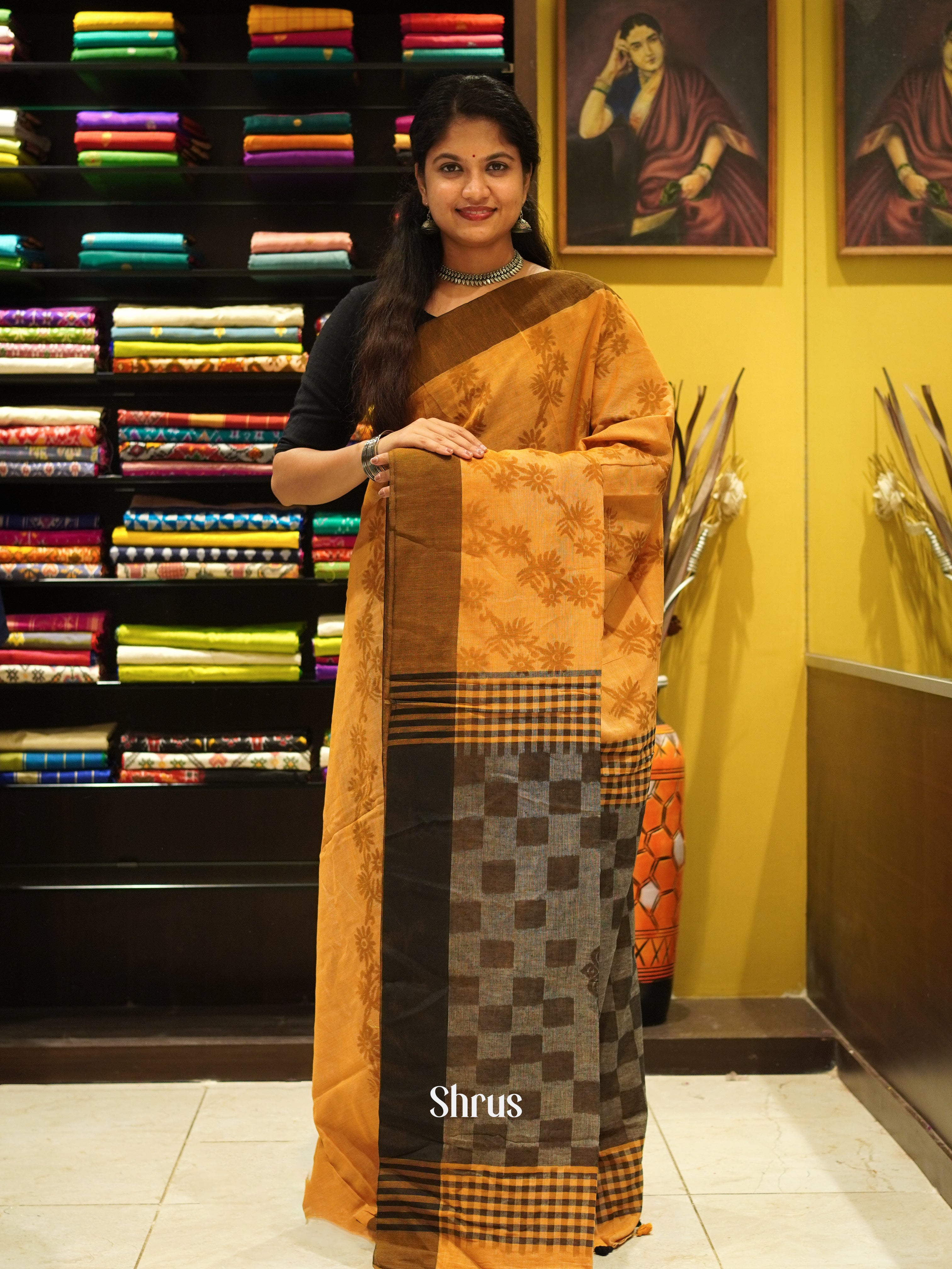 Orange & Grey - Semi Ikkat Saree - Shop on ShrusEternity.com